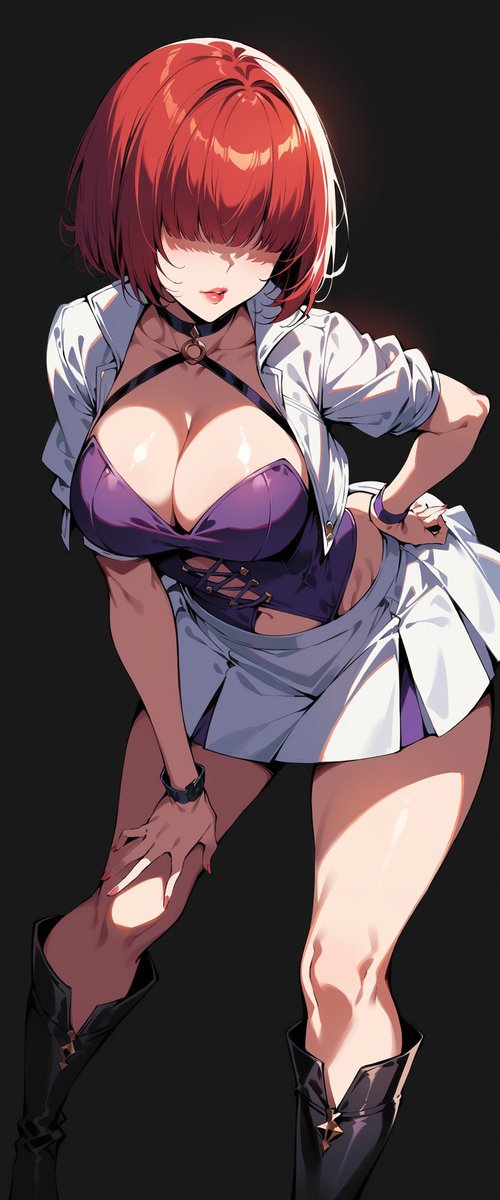 ai_generated bending_forward bent_forward big_breasts boots cleavage clothed female hand_on_hip jacket jacket_open king_of_fighters light-skinned_female light_skin open_clothes red_hair seductive shermie_(kof) short_hair skirt thick thick_thighs thighs white_skirt