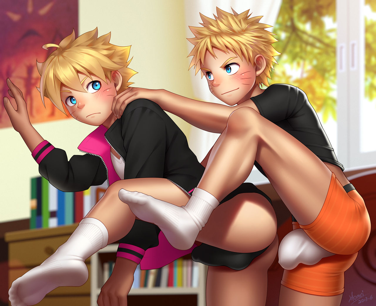 2boys ankle_socks anklehighs ass blonde_hair blue_eyes blush boruto:_naruto_next_generations boy bulge bulge_through_clothing family father_and_son feet homri incest leg_lift naruto naughty_face smile socks teenager underwear uzumaki_boruto uzumaki_naruto white_socks yaoi young