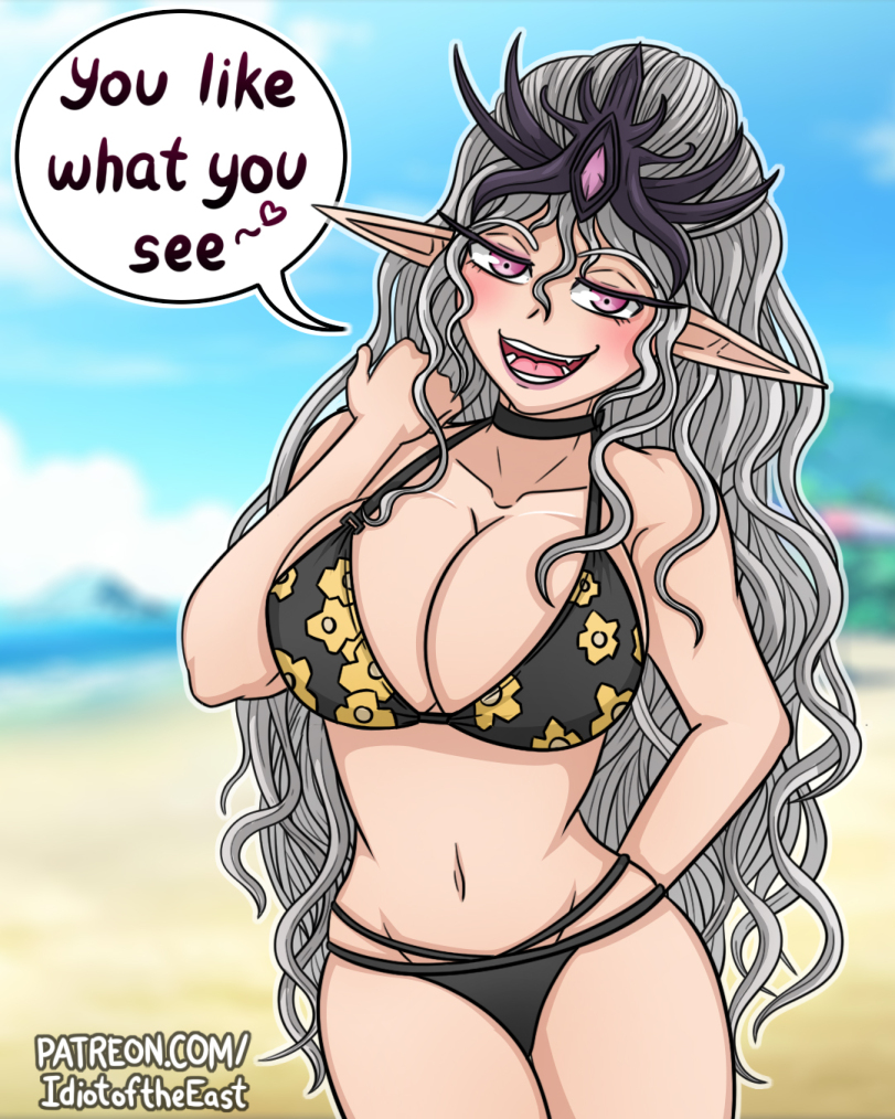 1girls chaos_(warhammer) chaos_god chaos_goddess dialogue elf_ears english_text female female_only idiotoftheeast slaanesh solo solo_female speech_bubble swimsuit text warhammer_(franchise) warhammer_40k