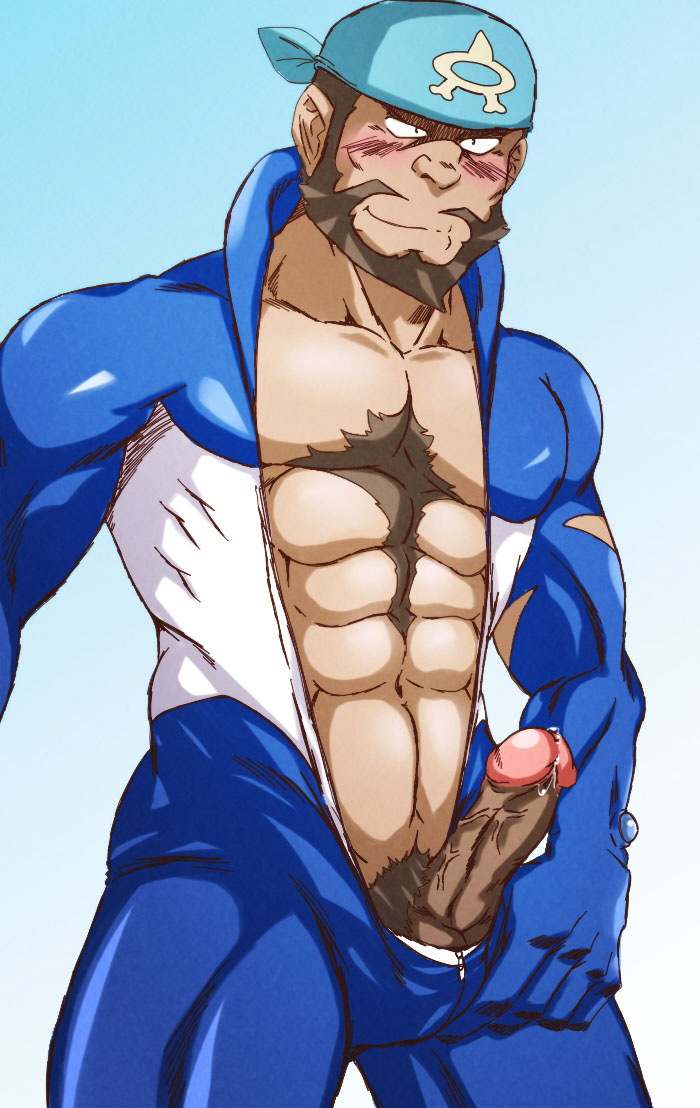 archie_(pokemon) balls bara beard blush bodysuit boner erection facial_hair funeral-paws headkerchief male male_only muscles muscular nintendo penis penis_out pokemon solo solo_male team_aqua