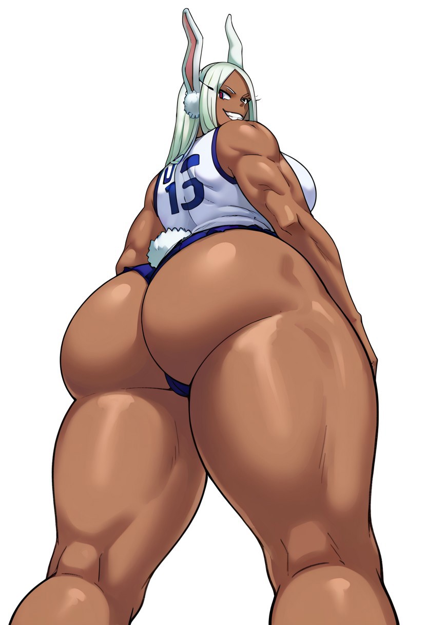 1girls ai_generated ass big_ass bunny_girl dark-skinned_female dark_skin female_only from_behind from_below hi_res huge_ass looking_back looking_over_shoulder miruko muscular_female my_hero_academia rabbit_ears rabbit_girl rabbit_tail red_eyes rumi_usagiyama smile solo tagme toned_female volleyball_shorts volleyball_uniform