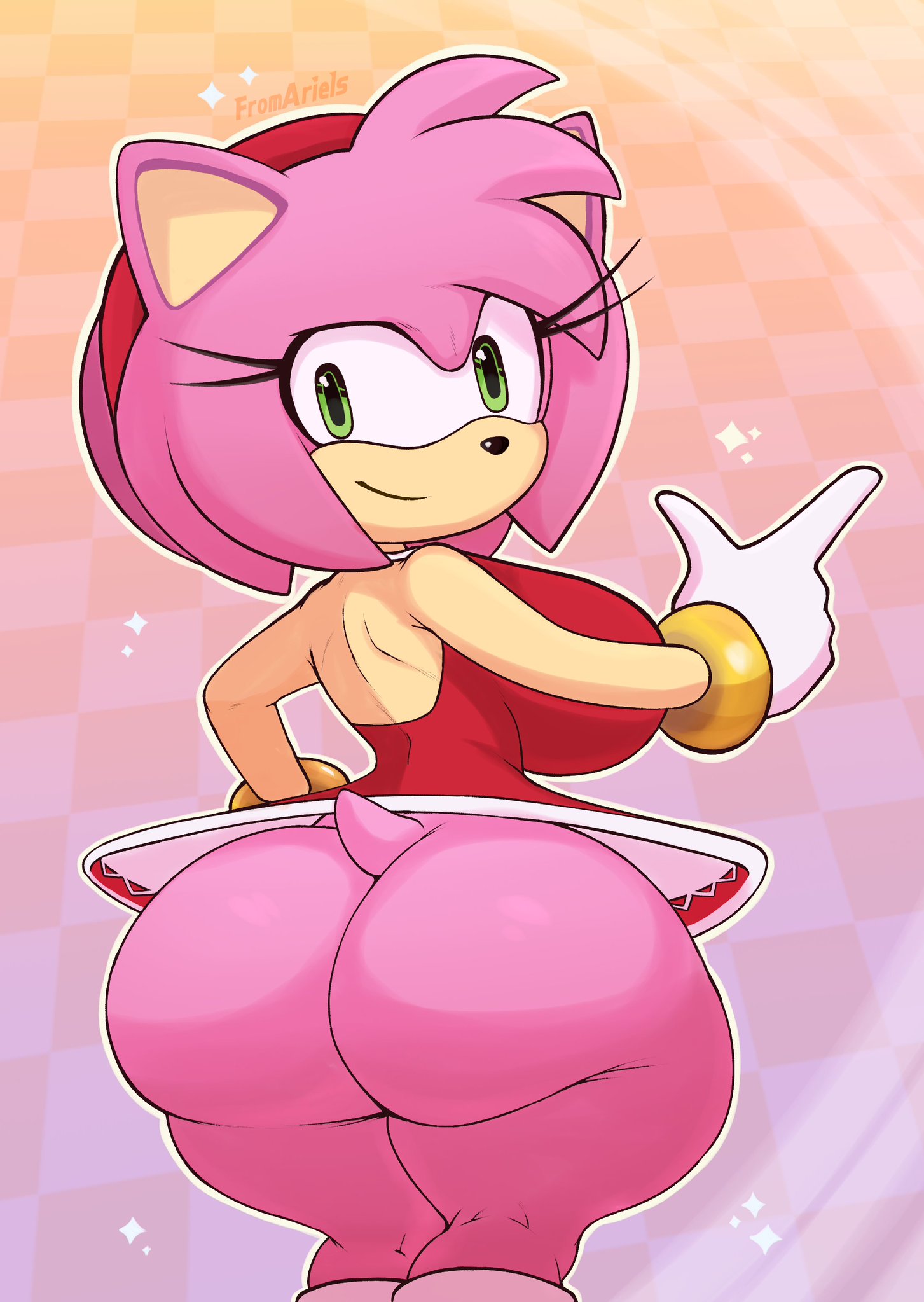2024, amy rose, anthro, ass, ass focus, big breasts, bottomless, breasts, clothed, female, female only, fromariels, furry, hedgehog, hedgehog girl, huge ass, hyper, hyper ass, hyper breasts, looking back, no panties, no underwear, revealing clothes, sega, sonic (series), sonic the hedgehog (series), teasing, topwear, underass