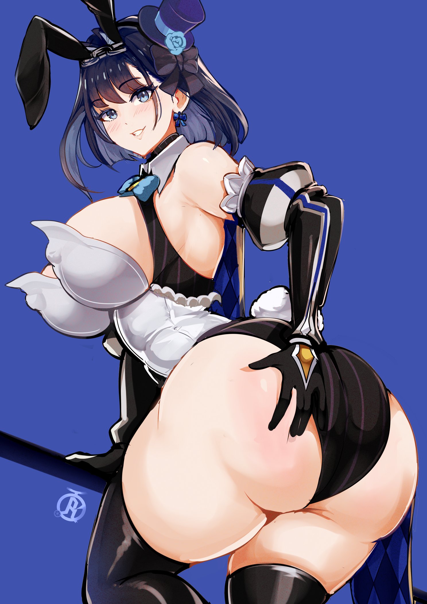1girls, alternate costume, ass, blue eyes, blue hair, breasts, bunny ears, bunny girl, bunnysuit, female, hololive, hololive english, hololive english -council-, hololive english -promise-, huge ass, large breasts, light skin, light-skinned female, ouro kronii, revolverwingstudios, short hair, virtual youtuber