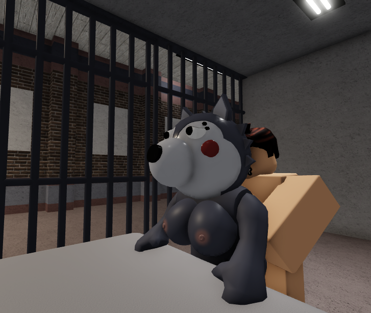 1boy 1girls 3d artist_request breasts completely_naked completely_nude female furry jail_cell naked naked_female piggy_(game) prison_cell roblox roblox_game willow_(piggy) wolf wolf_ears wolf_girl wolf_humanoid