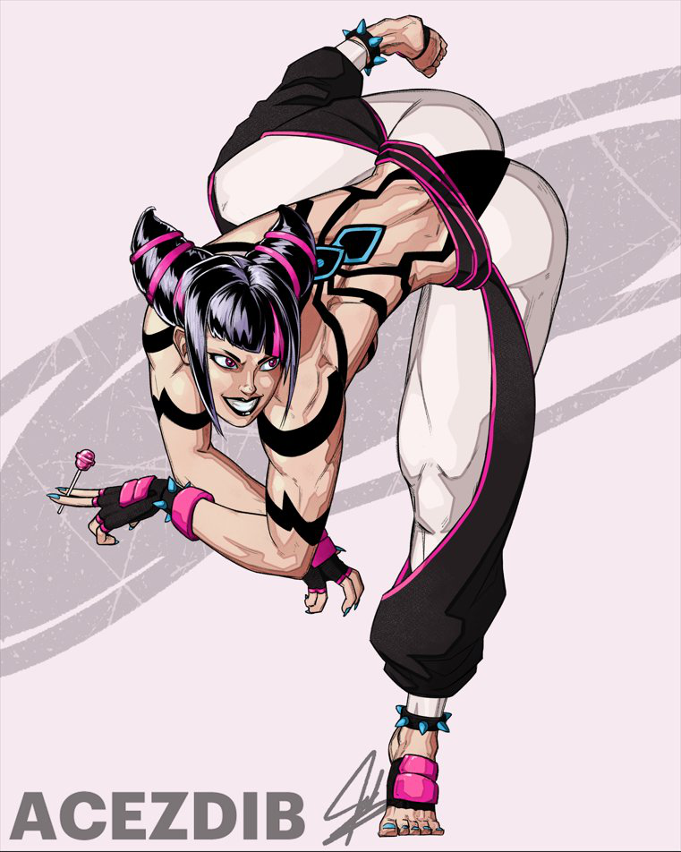 acezdib barefoot black_hair fingerless_gloves gloves juri_han large_ass lollipop muscular muscular_female pants street_fighter