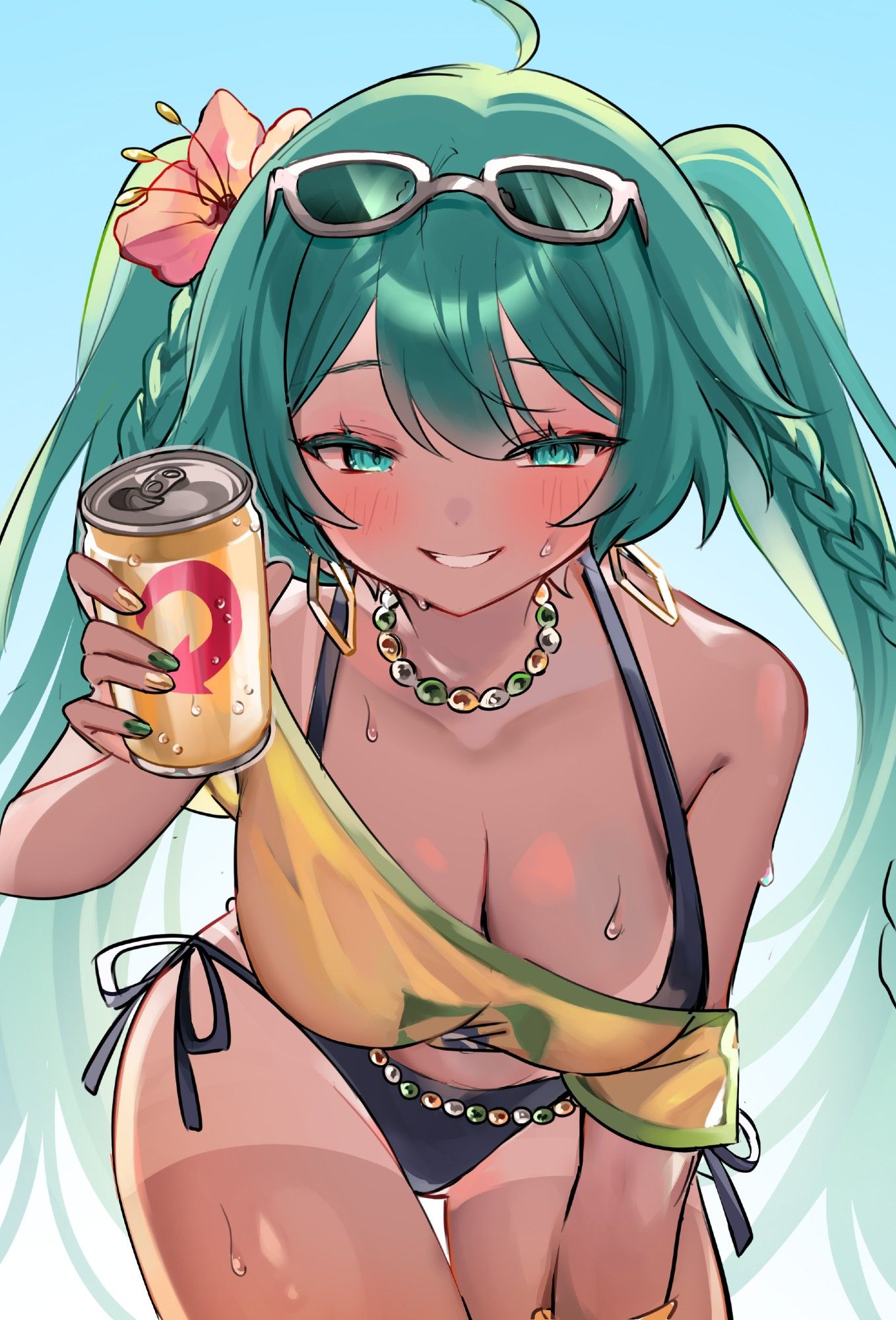 1girl, 1girls, ahoge, aqua eyes, aqua hair, aqua nails, ass, big ass, big breasts, big thighs, bikini, bikini under clothes, black bikini, blush, bracelet, braid, brazil, brazilian, brazilian female, brazilian miku, breasts, breasts focus, can, cleavage, cowboy shot, cyan eyes, cyan hair, earrings, eyewear on head, female, female only, flower, green nails, grin, hair flower, hair ornament, hatsune miku, hibiscus, holding, holding can, huge breasts, icchan (artist), jewelry, large breasts, latin american hatsune miku (meme), leaning forward, long hair, looking at viewer, nail polish, necklace, off shoulder, shirt, shorts, side-tie bikini bottom, smile, solo, sunglasses, sweat, swimsuit, tagme, tan, tan body, tanline, tanlines, thick hips, thick thighs, thigh gap, thighs, thong, twintails, very long hair, vocaloid, wet, yellow shirt