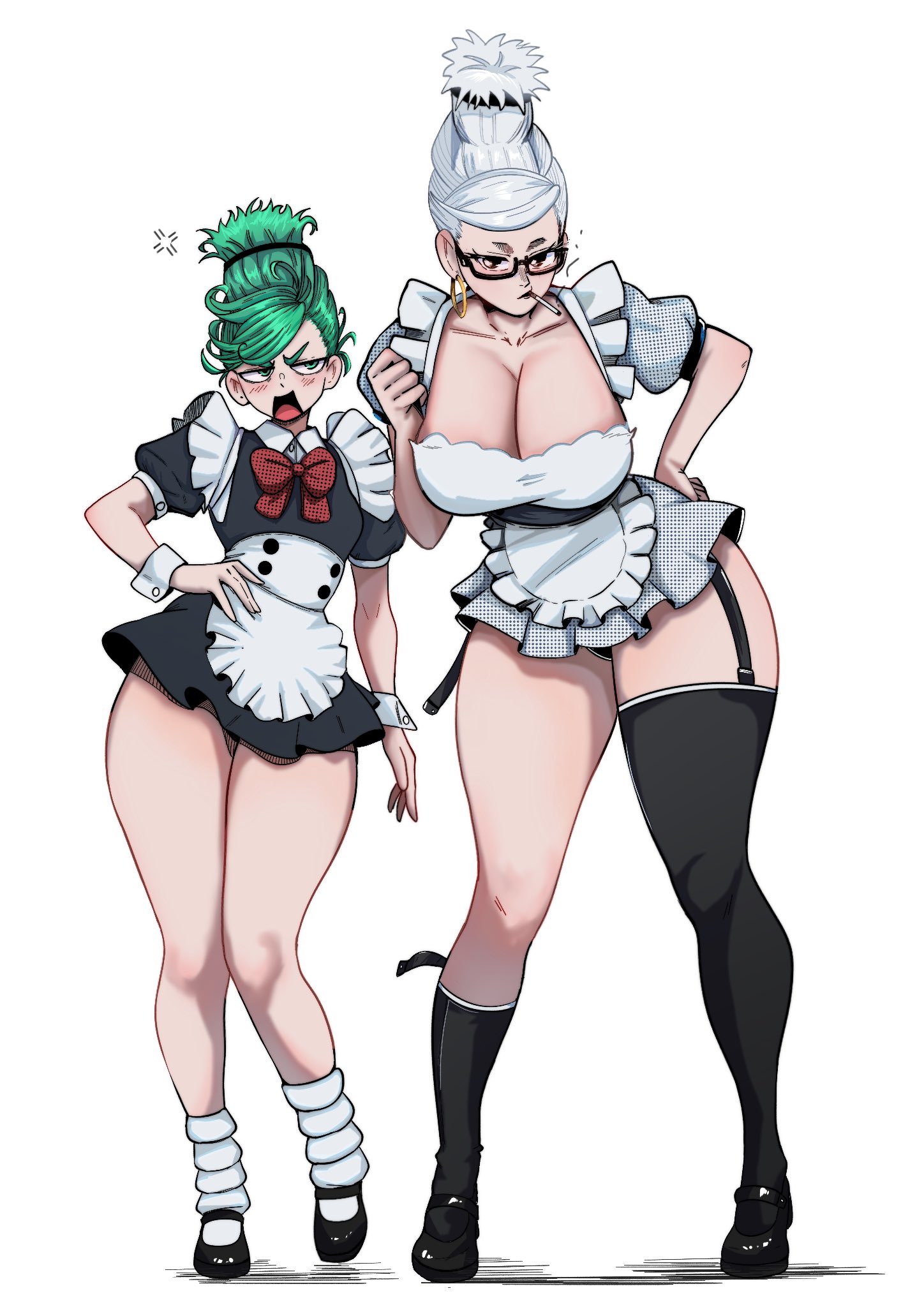 2025, 2d, 2d (artwork), 2girls, alternate costume, alternate hairstyle, anger vein, apron, ayase seiko, beehive hairdo, black dress, black footwear, black thighhighs, bow, breasts, cigarette, cleavage, clothed, clothed female, crossover, curvy, dandadan, dress, earrings, enmaided, female, female only, flat chest, garter straps, green eyes, green hair, grey dress, hehevich, highres, hoop earrings, human, human only, jewelry, kneehighs, large breasts, leg warmers, maid, maid apron, mature female, multiple females, multiple girls, one-punch man, questionable, red bow, sfw, simple background, single kneehigh, single sock, single thighhigh, small breasts, smoking, socks, tall hair, tatsumaki, thick thighs, thighhighs, thighs, waist apron, white background, white leg warmers, wide hips