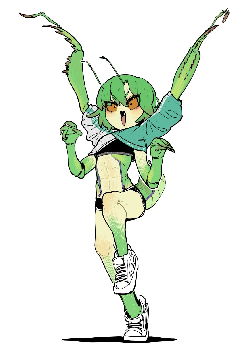 :d, antennae, arthropod girl, black bra, black panties, blush, boyshort panties, bra, colored sclera, colored skin, cropped hoodie, edie crop hoodie, female, full body, gradient skin, green hair, green skin, hands up, hood, hoodie, looking at viewer, mantis, mantis girl, mantis-chan (sparrowl), multi arm, multi limb, open mouth, orange sclera, original, panties, raptorial (anatomy), raptorial legs, shoes, short hair, simple background, smile, solo, sparrowl, sports bra, standing, standing on one leg, tiptoes, underwear, white background, white shoes, yellow skin