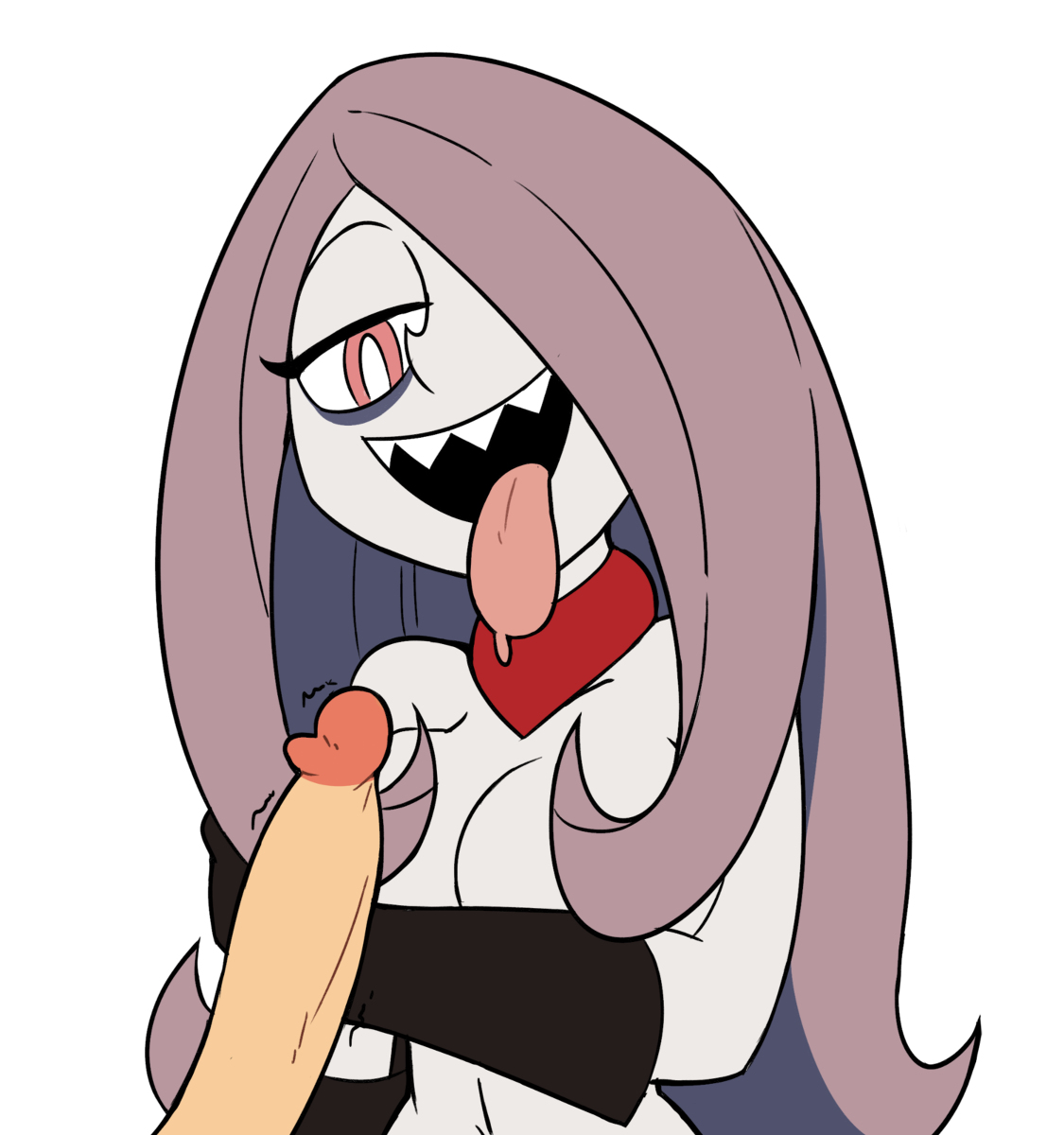 1boy, 1girls, big penis, breasts, female, little witch academia, male, miscon, nude, open mouth, penis, pink eyes, purple hair, sharp teeth, straight hair, sucy manbavaran