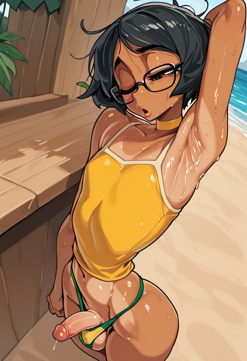 1boy, 1femboy, 2025, ai generated, arm up, armpit, ass, balls, beach, black hair, brown eyes, buzzslut, choker, civitai, crossdressing, dark hair, femboy, feminine male, girly, glasses, green thong, male, one eye closed, open mouth, outdoors, outside, penis, penis out of thong, shirt, solo, standing, sweat, sweatdrop, sweating, sweaty, sweaty armpit, tan, tan body, tan skin, tan-skinned femboy, tanline, tanlines, tanned, tanned skin, testicles, thighs, thong, top, topwear, trap, yellow choker, yellow shirt, yellow top, yellow topwear