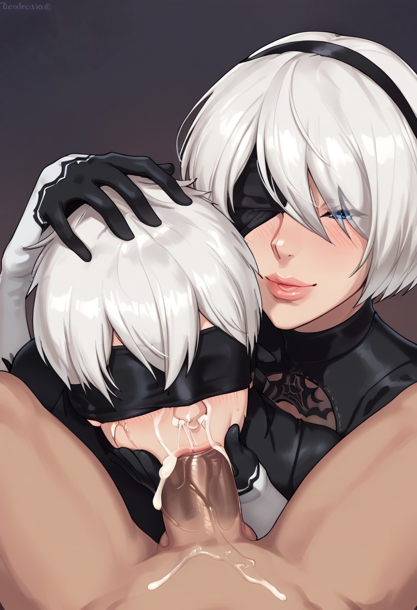 :>=, 1boy, 1femboy, 1girls, 2boys, ai generated, balls, big penis, black blindfold, blindfold, blush, clothed female, clothed femboy, clothed femboy nude male, coaching, coaching (sexual), cum, cum drip, cum dripping, cum dripping from mouth, cum dripping from nose, cum in mouth, dark skin, dark-skinned male, deepthroat, erect penis, erection, fellatio, fellatio face, female, female supporting yaoi, femdom, hand on another's head, hand on head, leather, male, nier (series), nier: automata, nude male, oral, oral sex, penis, sex, sex education, sexual coaching, simple background, source request, testicles, twink, white hair, yaoi, yorha 2b, yorha 9s