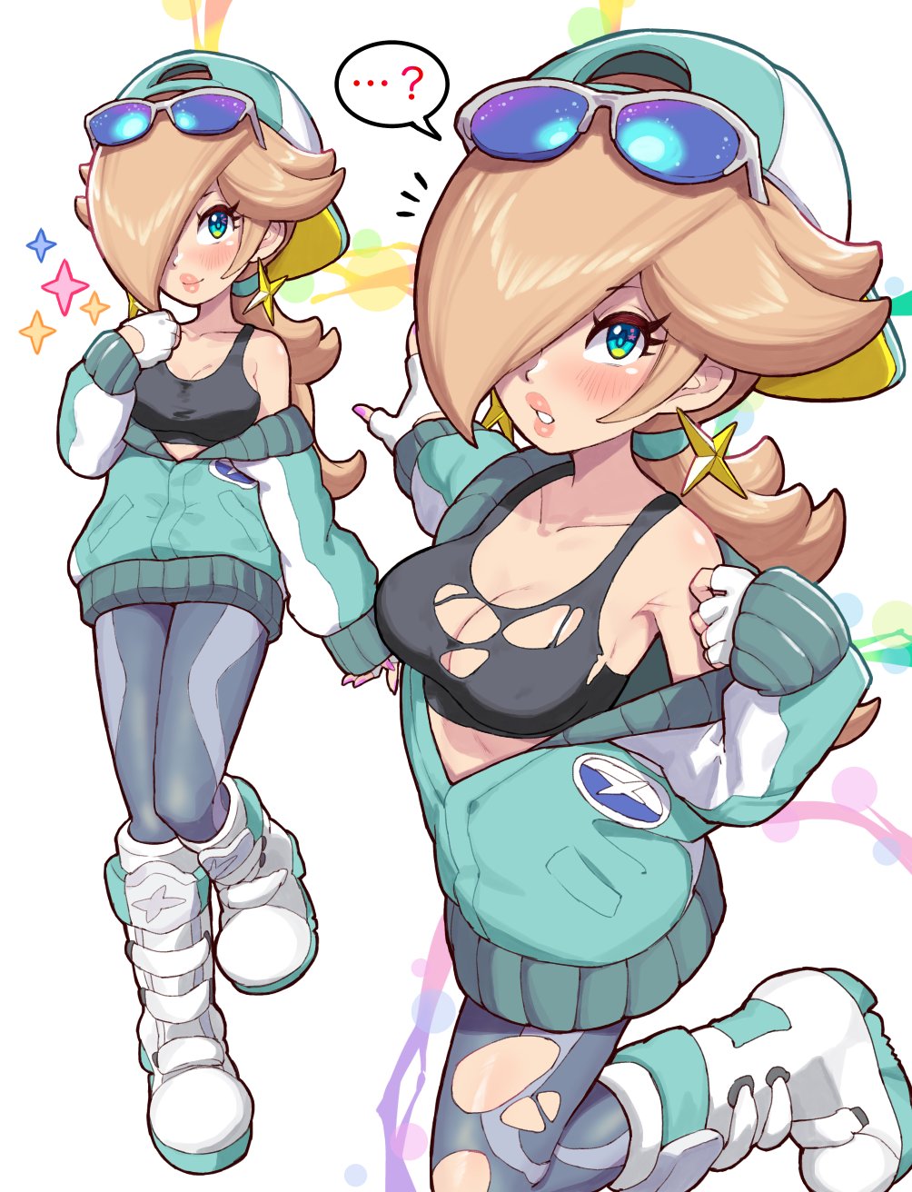 ...?, 1girls, aqua jacket, backwards hat, black sports bra, blonde hair, blue eyes, blue jacket, blush, boots, bra, closed mouth, collarbone, earrings, eyewear on head, female, female only, fingerless gloves, gloves, grey leggings, hair over one eye, hat, highres, jacket, jewelry, leggings, long hair, long sleeves, looking at viewer, mario (series), mario kart, mario kart world, nintendo, official alternate costume, pants, parted lips, ponytail, princess rosalina, princess rosalina (touring), rosalina, rosalina (touring), single bare shoulder, smile, sports bra, star (symbol), star earrings, sunglasses, tinted eyewear, toggy keiichi, torn bra, torn clothes, torn pants, underwear, white boots, white gloves, yamino ekakinin