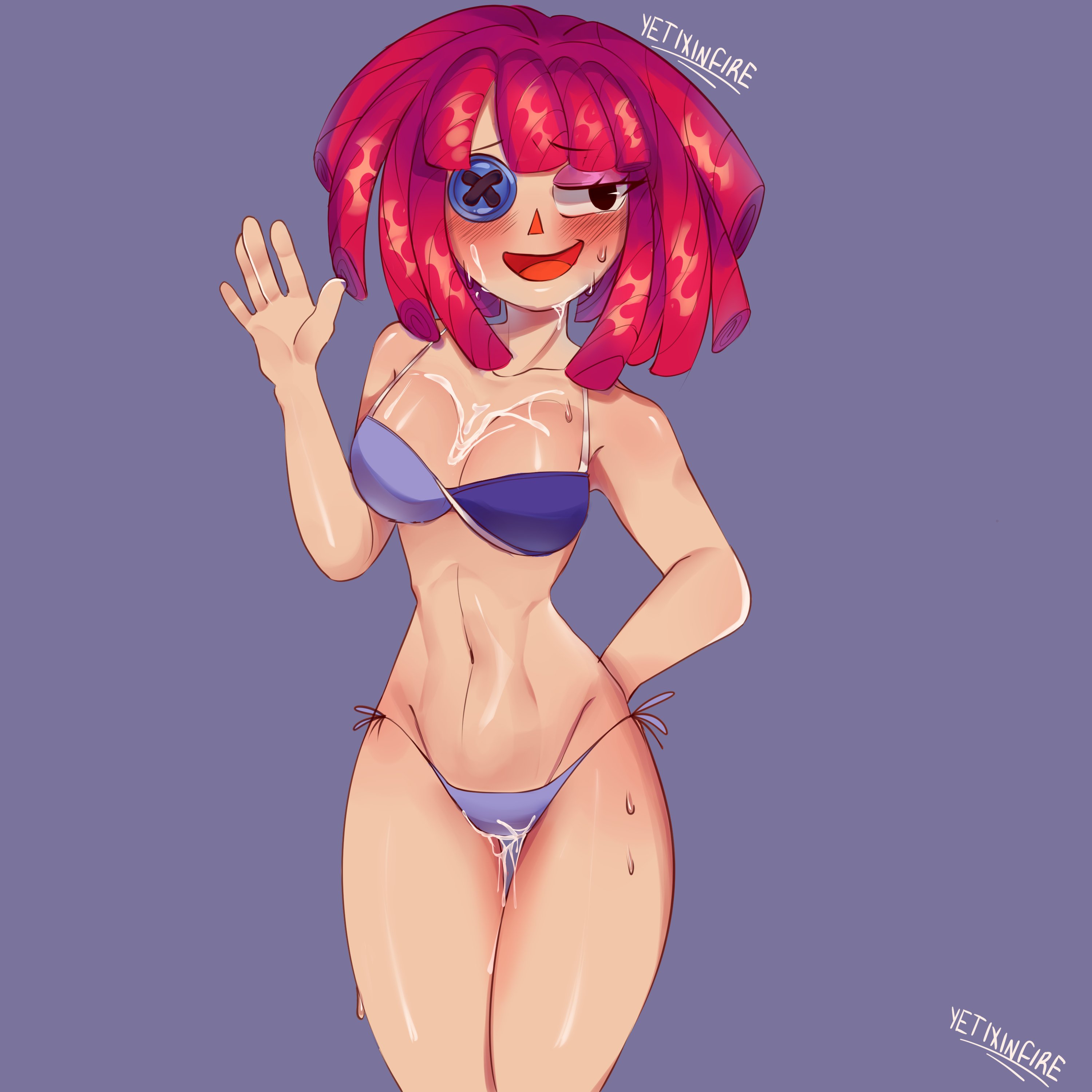 1girls, 2025, bikini, blushing, breasts, button eye, doll, dripping, female, glitch productions, gooseworx, hand on hip, ragatha, ragatha (tadc), ragatha (the amazing digital circus), ragdoll, red hair, solo female, the amazing digital circus, water on breasts, waving at viewer, yetixinfire