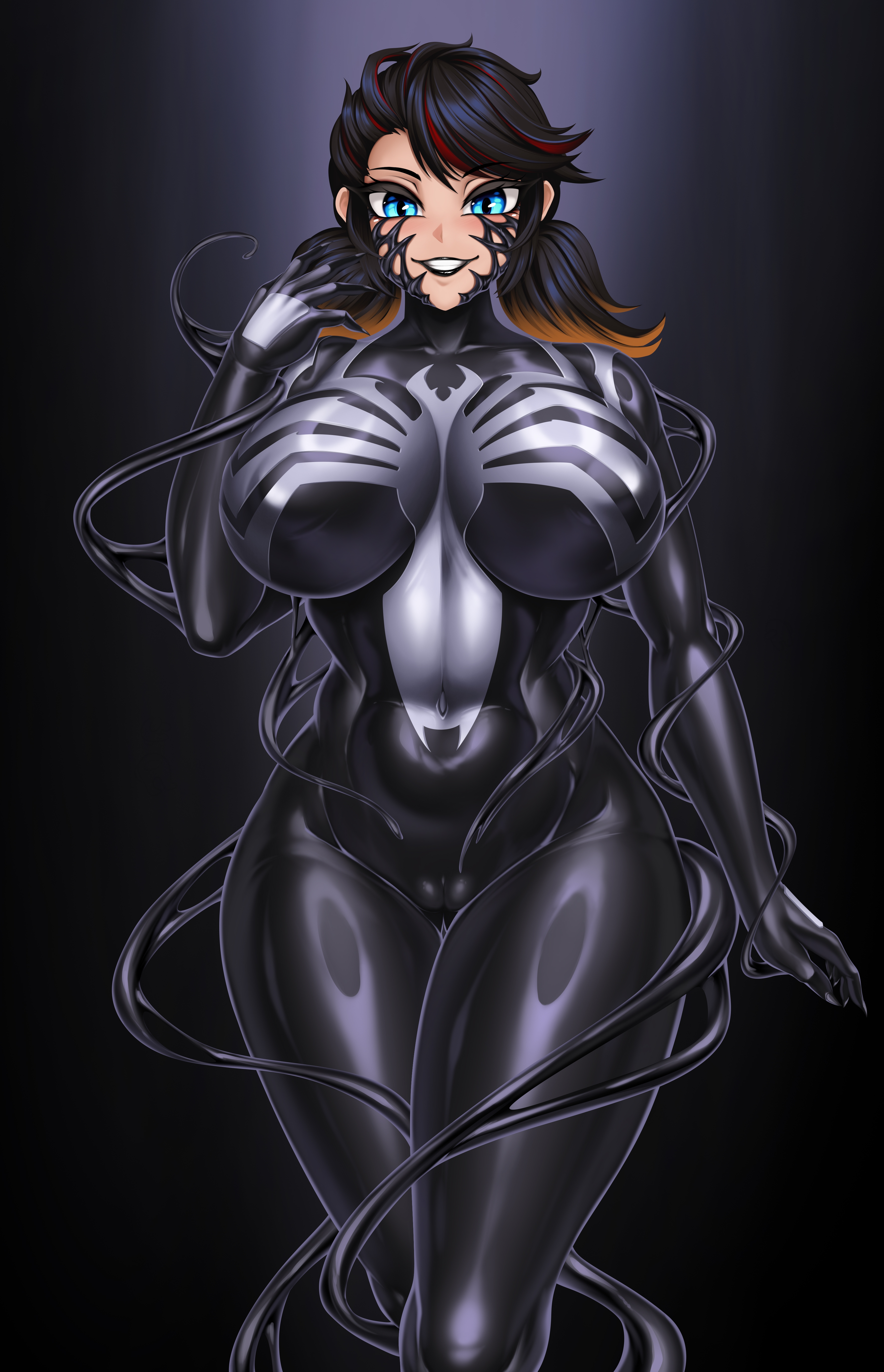 black bodysuit, black latex, black lipstick, bodysuit, corruption, female, female only, latex, living clothes, living latex, marvel, marvel rivals, peni parker, peni parker (marvel rivals), rikatsuky, she-venom, smile, symbiote, tentacle, venom (marvel)