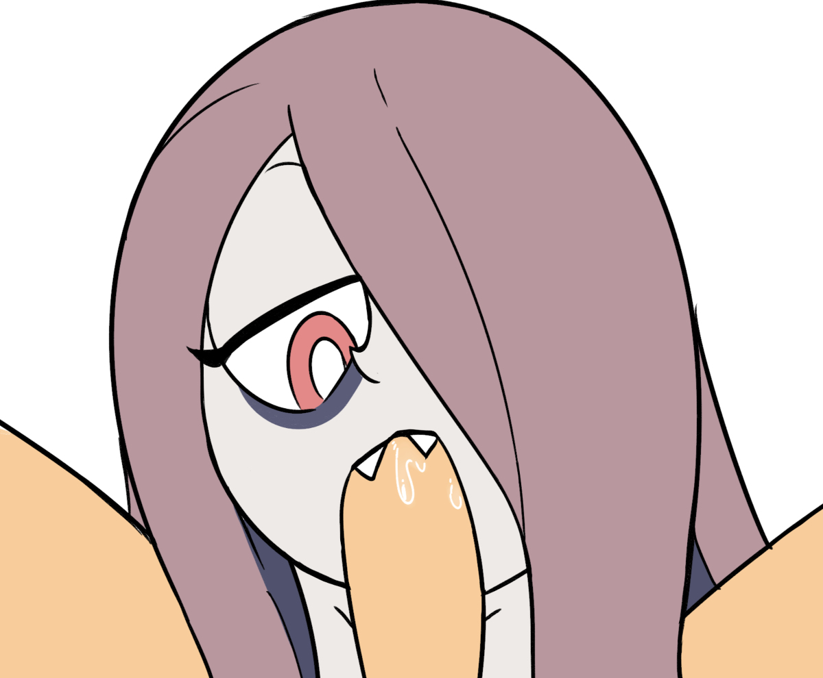 1boy, breasts, fellatio, female, little witch academia, male, miscon, naked, oral, penis, pink eyes, purple hair, sharp teeth, straight hair, sucy manbavaran