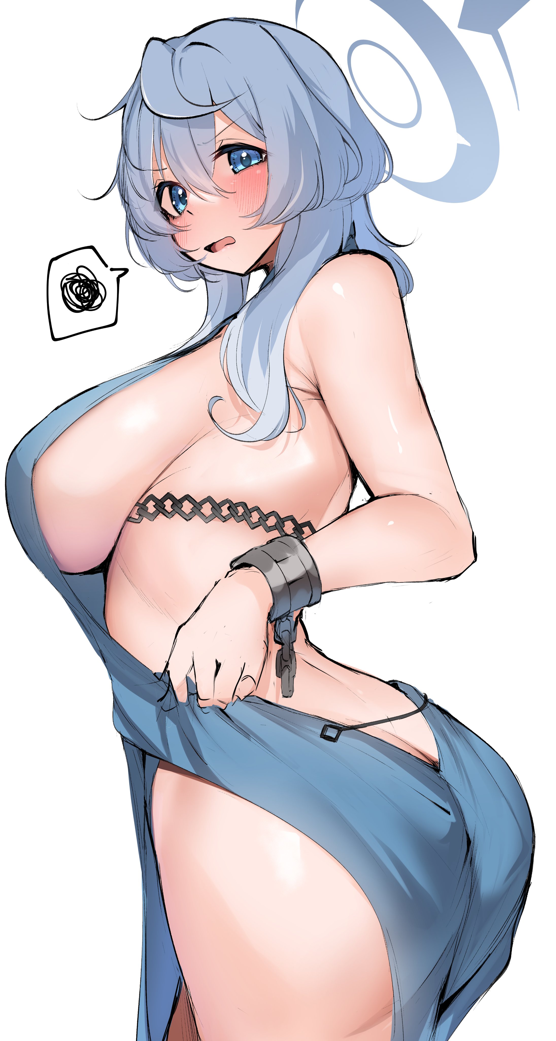 absurdres, ako (blue archive), ako (dress) (blue archive), angry, ass, backless dress, backless outfit, blue archive, blue dress, blue eyes, blue hair, blue halo, blush, breasts, butt crack, cuffs, dress, female, fingernails, flying sweatdrops, hair between eyes, halo, handcuffs, highres, jewelry, kshimu, large breasts, long hair, looking at viewer, nail polish, official alternate costume, open mouth, purple nails, sideboob, simple background, sleeveless, sleeveless dress, solo, spoken squiggle, squiggle, white background