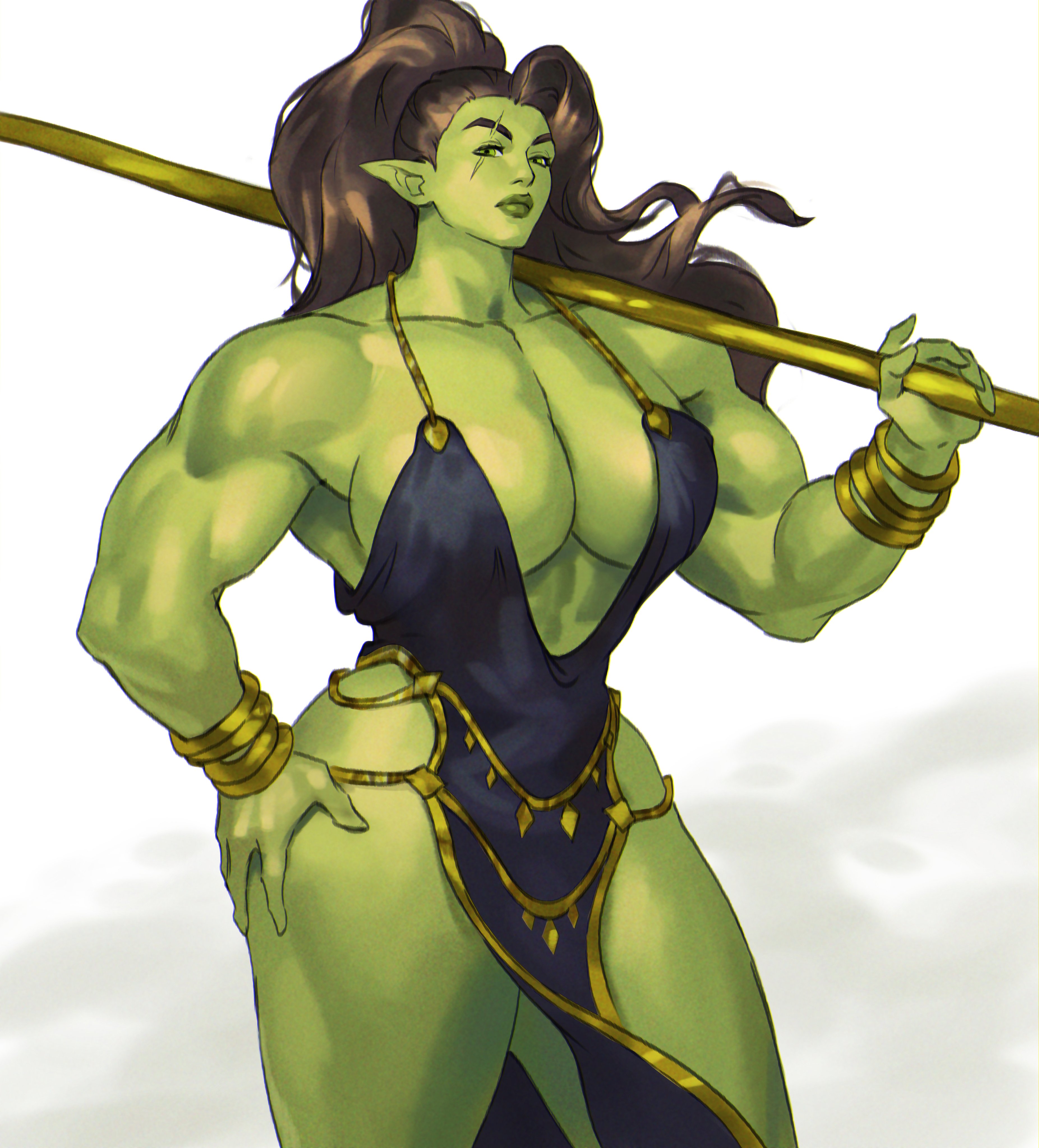 1girls, big breasts, black dress, bracelets, breasts, brown hair, brown-haired female, cleavage, clothed, clothed female, clothing, dark hair, dress, female, female focus, female only, gold bracelets, green eyes, green lips, green skin, green-skinned female, hand on hip, hips, huge breasts, long hair, looking at viewer, mihaildava, muscle mommy, muscles, muscular, muscular female, orc, orc female, pointy ears, scar, solo, solo female, spear, strong female, thick thighs, thighs, voluptuous, wide hips, world of warcraft