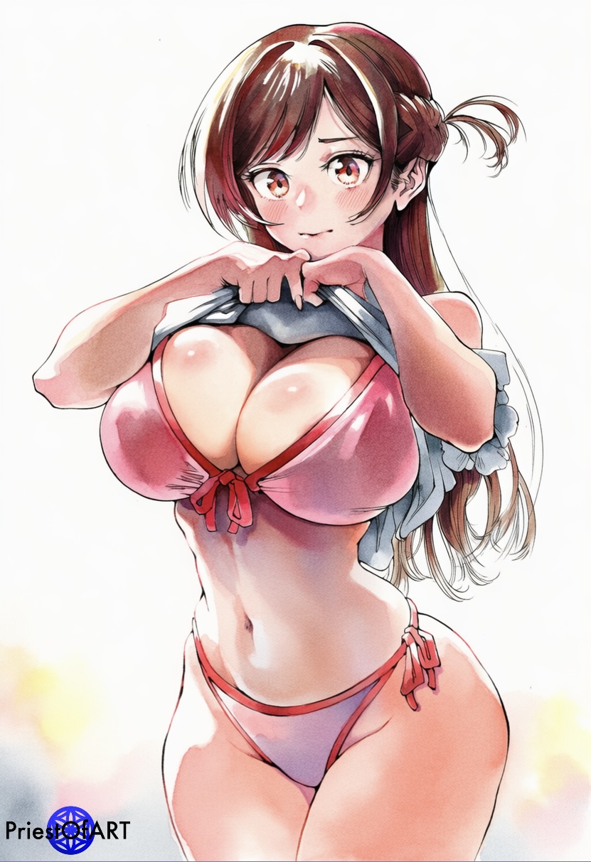 1girls, ai generated, big breasts, bikini, breasts, brown eyes, brown hair, crop top, embarrassed, female, female only, kanojo okarishimasu, long hair, mizuhara chizuru, priestofart, schoolgirl, shiny, simple background, solo, solo female, teenage female, teenager, undressing, watercolor, watercolor (artwork), watermark, white background, wide hips