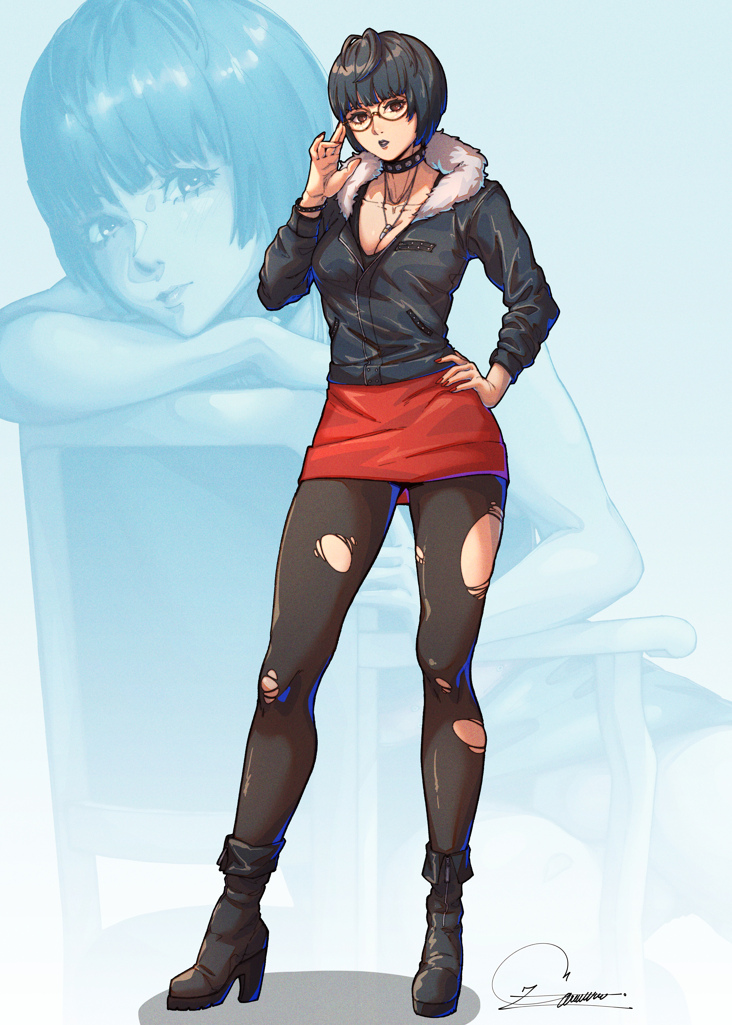 blue hair, boots, breasts, brown eyes, choker, chuckuddin, female, fur trim, fur-trimmed jacket, jacket, looking at viewer, medium breasts, miniskirt, necklace, pantyhose, persona, persona 5, red nails, ripped pantyhose, skirt, standing, tae takemi, thick thighs, thighs