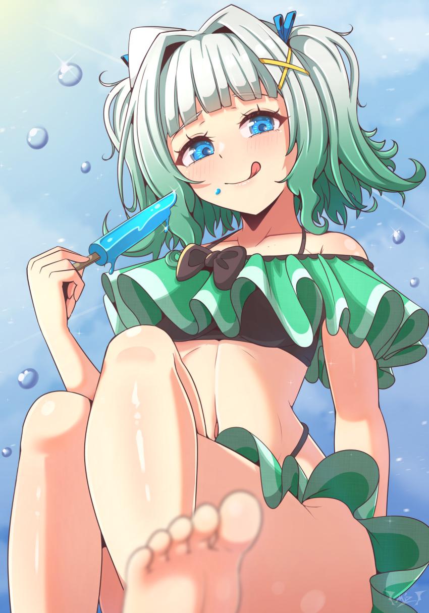 :p, 1girls, bare shoulders, barefoot, bikini, black bow, blue eyes, blue sky, bow, breasts, collarbone, crossed legs, day, densetsu.exe, dripping, feet, female, food, food on face, frilled bikini, frills, from below, green bikini, green hair, hair tie, head tilt, highres, holding, holding food, holding popsicle, indie virtual youtuber, maid mint, medium breasts, medium hair, mint fantome, mischiefmiz, multicolored hair, navel, outdoors, paid reward available, popsicle, signature, simple background, sitting, sky, smile, solo, swimsuit, tongue, tongue out, triangular headpiece, virtual youtuber, white hair