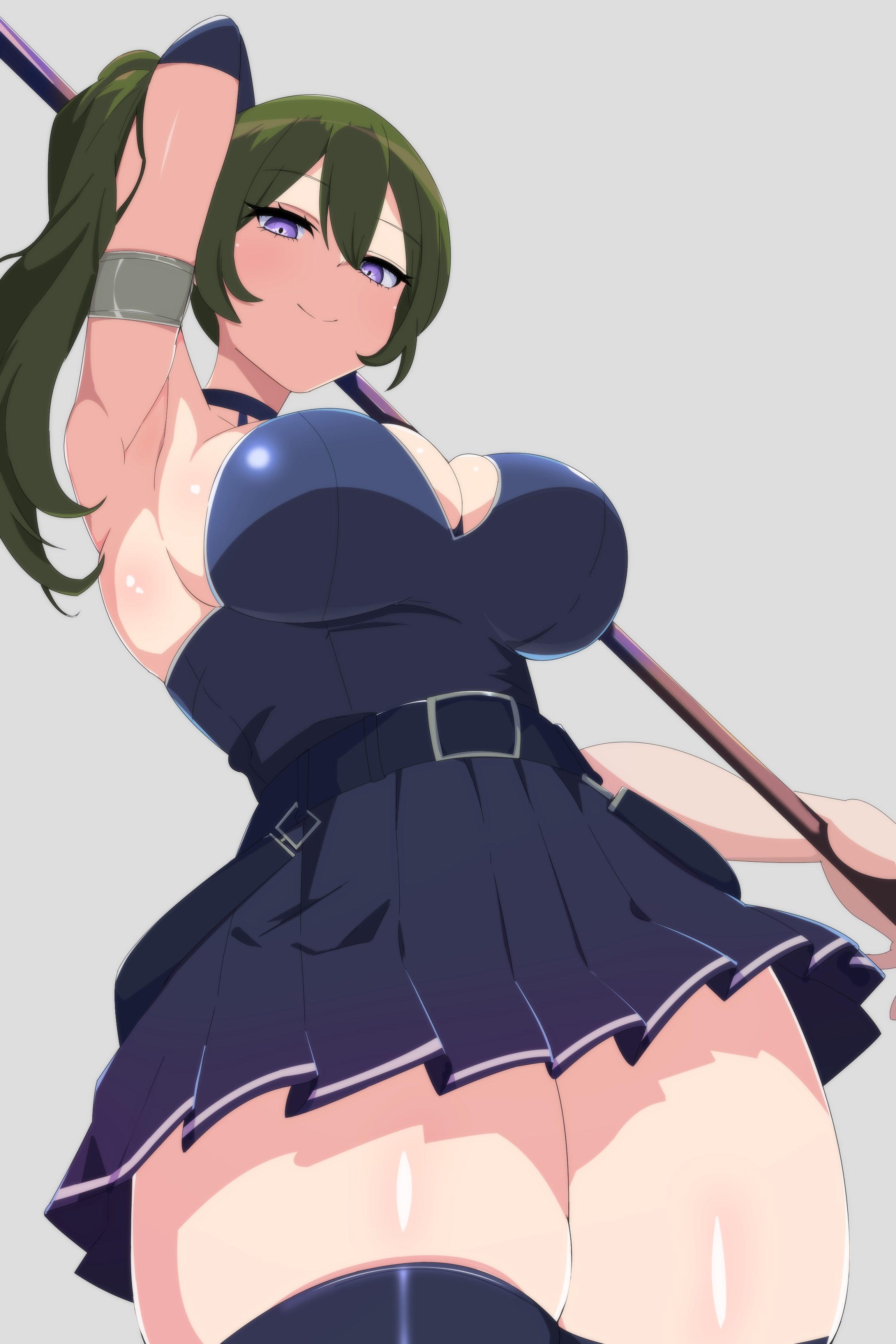 absurdres, armpits, blush, breasts, cleavage, closed mouth, female, green hair, highres, large breasts, long hair, looking at viewer, miniskirt, polearm, ponytail, purple eyes, skirt, smile, solo, sousou no frieren, spear, ubel (sousou no frieren), user evxa5753, weapon