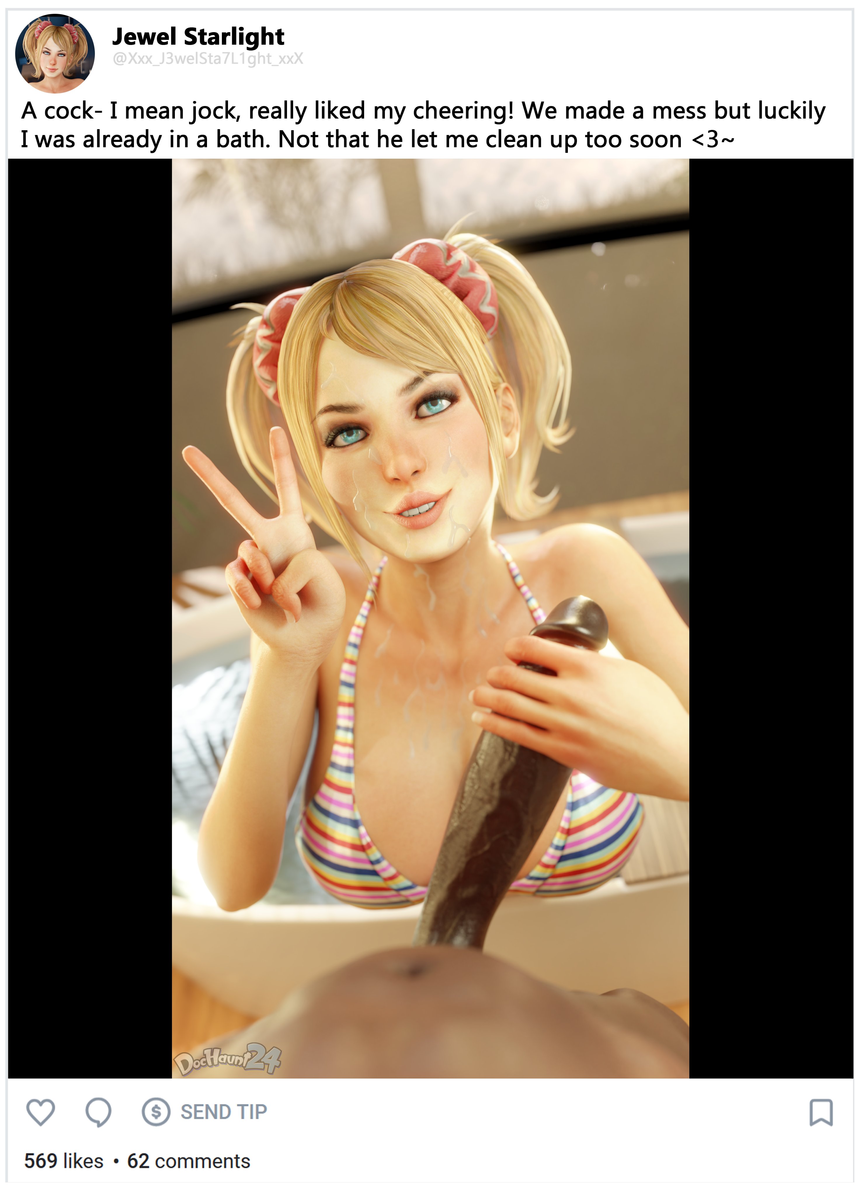 1girls, 3d, absurd res, bikini, bikini top, bimbo, black penis, blonde hair, blue eyes, breasts, busty, cleavage, dark skin, dark-skinned male, dochaunt24, female, grasshopper manufacture, handjob, interracial, juliet starling, large penis, lollipop chainsaw, looking at viewer, male, onlyfans, partial male, peace sign, penis, smile, smiling, social media, text, twintails, watermark