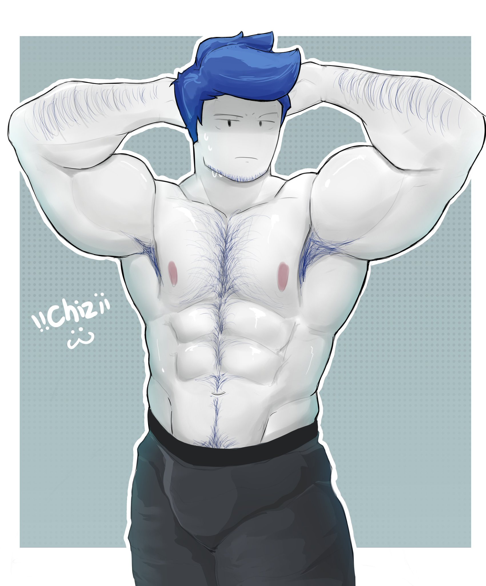 1boy, abs, arm hair, armpit hair, bara, beard, blue hair, chest hair, facial hair, forsaken (roblox), guest 1337 (forsaken), hairy armpits, hairy chest, hand behind head, happy trail, male, muscular, muscular male, navel hair, nipples, pubic hair peek, rebelliousmilk, roblox, roblox game, robloxian, sweat, sweatdrop, sweating, topless, topless male, watermark, white skin, yaoi