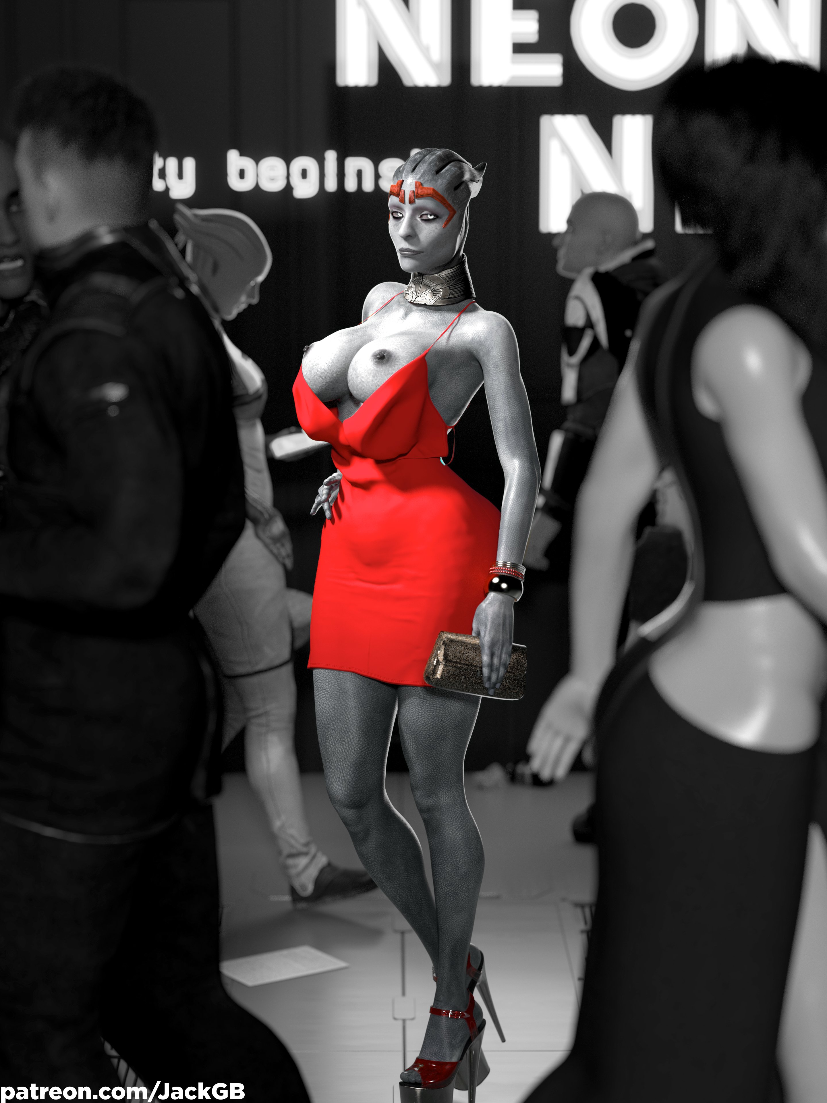 2025, 3/4 view, 3boys, 3d, 3girls, areolae, asari, big breasts, black and white, breasts, crowd, dress, exposed breasts, female, female focus, full body, greyscale, high heels, jackgb, looking at viewer, male, mass effect, nipples, platform heels, red dress, samara, solo focus, standing