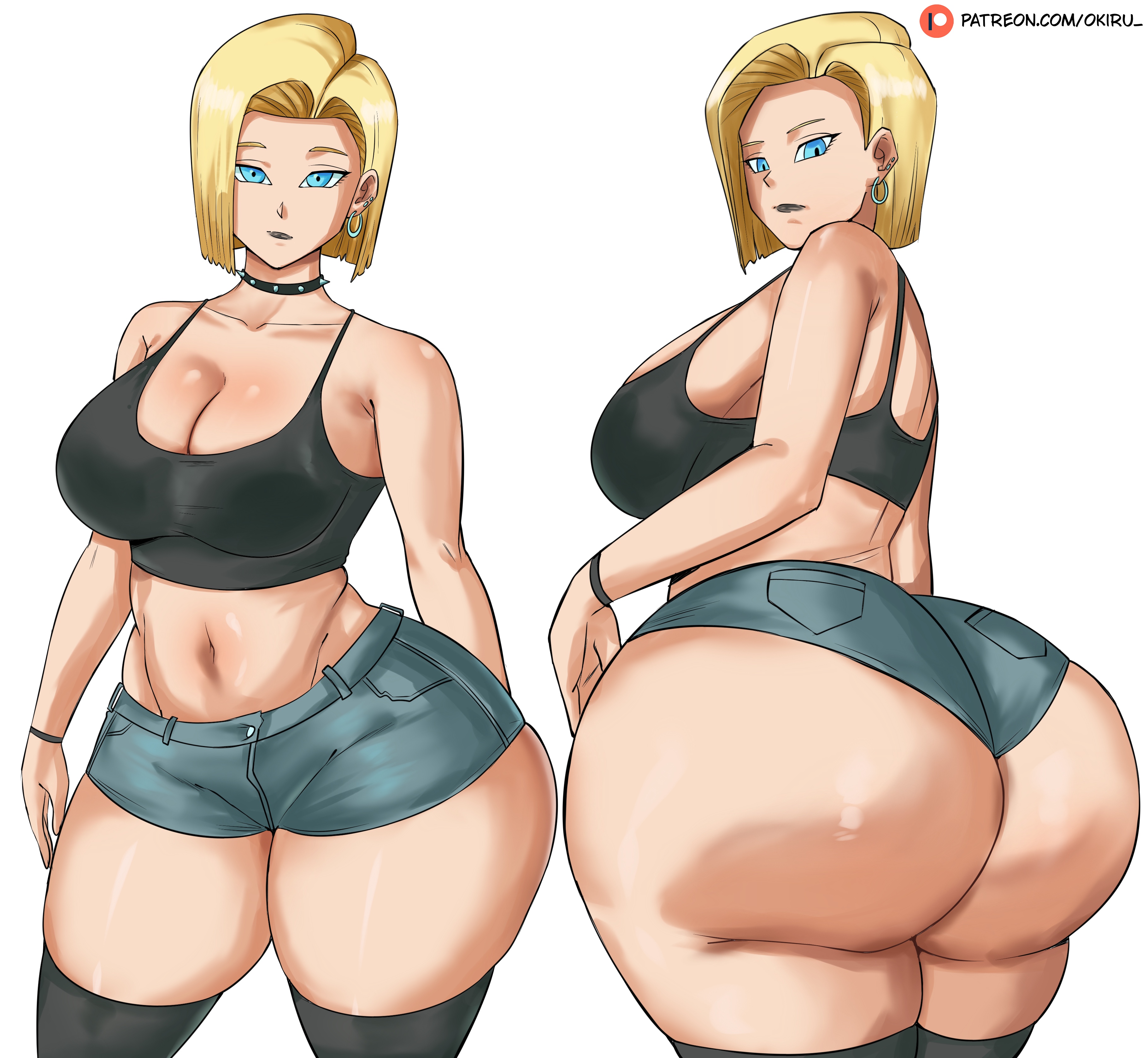 1girls, absurd res, android 18, blonde hair, breasts, bursting butt, curvy female, curvy hips, curvy milf, denim, denim clothing, denim shorts, dragon ball, dragon ball z, female, female focus, female only, hi res, large breasts, light skin, light-skinned female, looking at viewer, looking back, looking back at self, mature female, panarandom, slightly chubby, solo, straining clothing, thick thighs, thighhighs, thighs, tight clothing, tight shorts, undersized clothes, undersized clothing, white background, wide hipped female, wide hips