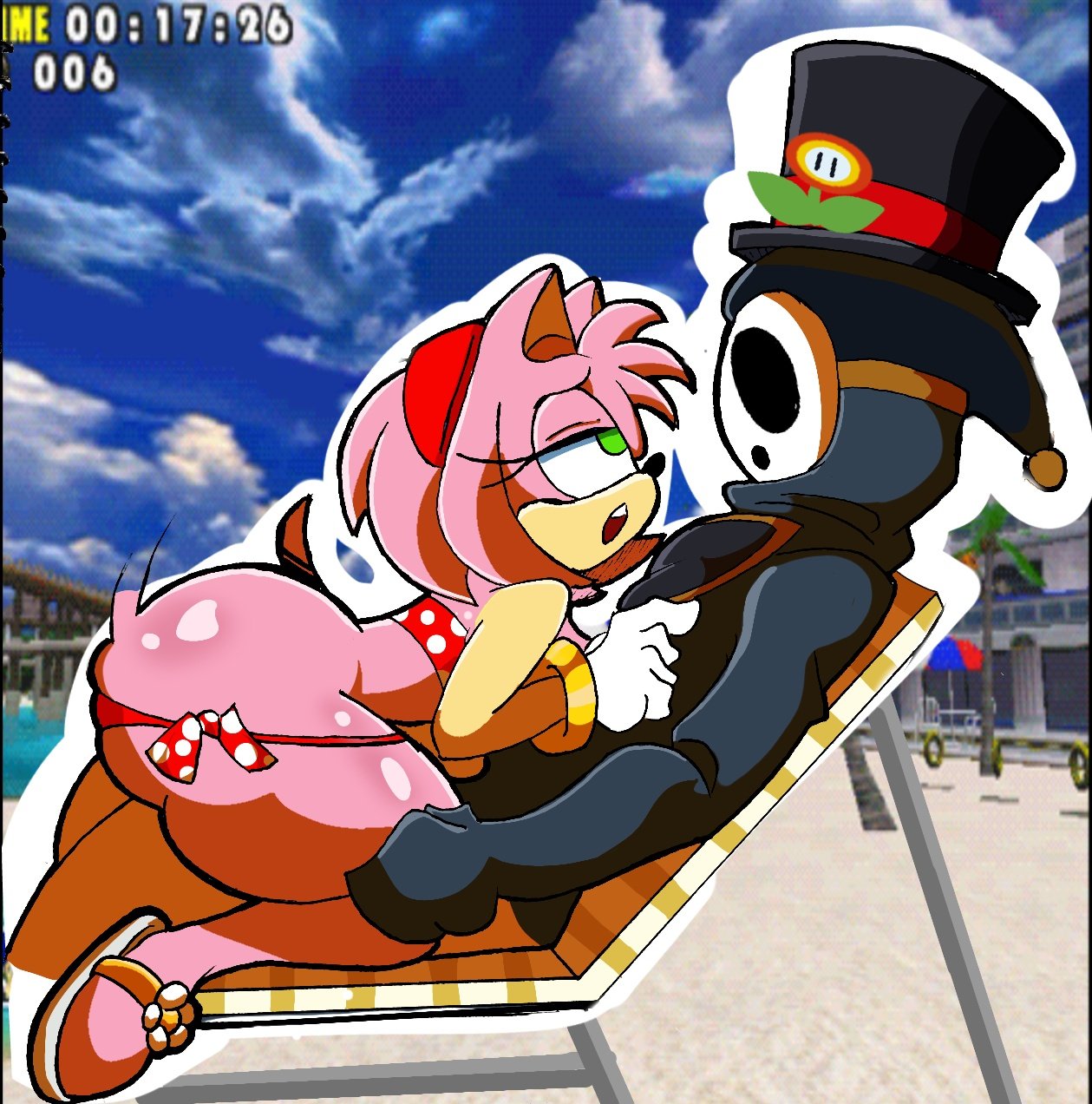 1boy, 1girls, amy rose, anti groove, beach, beach chair, big ass, big butt, bikini, cowgirl position, female, green eyes, hair band, hedgehog, interspecies, male, outline, pink body, pink hair, public, public sex, ring counter, rings, rob-art06, sandals, short hair, shy guy, skimpy clothes, sonic (series), sonic adventure, sonic the hedgehog (series), tail, top hat