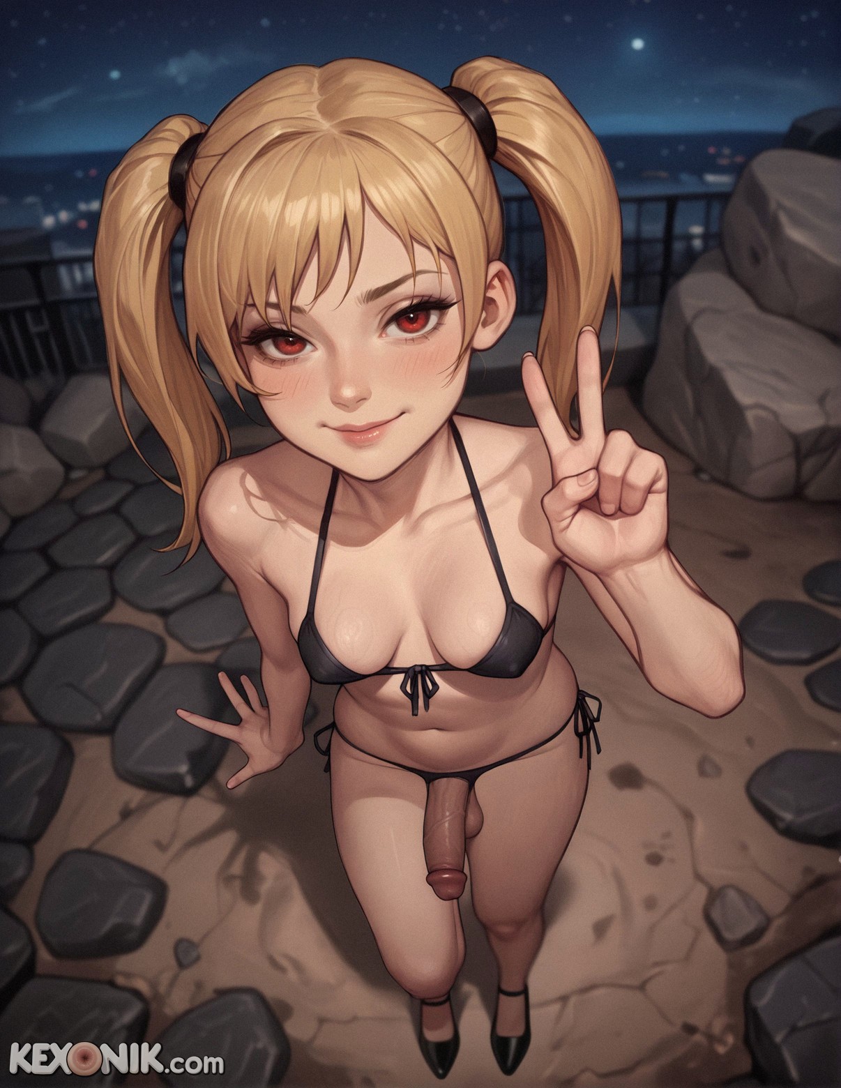 1futa, abs, ai generated, armpits, balls, big nipples, black bikini, blonde futa, blonde hair, blonde only, breasts, cute face, darkness, dickgirl, flaccid, from above, full body, futa only, futanari, intersex, kexonik, large penis, long hair, medium breasted futa, medium breasts, narrowed eyes, naughty smile, night, penis, petite, petite body, puffy nipples, realistic breast size, red eyes, sagging breasts, scrotum, selfie, skinny, slim, solo, solo futa, swimsuit, testicles, v over eye, v sign, yue (arifureta)