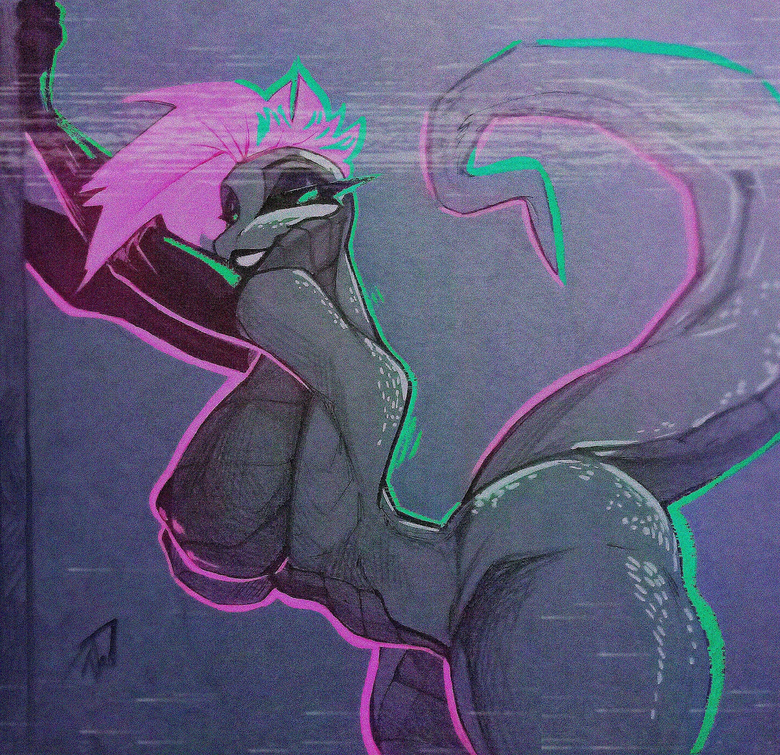 1girls, akieta perrean (skygracer), argonian, artist name, artist signature, ass, big breasts, black sclera, boobs, breasts, cyan eyes, dark background, eyelashes, female, fit, fit female, furry, latex sleeves, leaning, leaning on wall, lizard, long sleeves, long tail, looking at viewer, mohawk, neon, neon lights, reptile, reptile humanoid, scalie, scalie female, scalie humanoid, sharp eyelashes, skygracer, smile, smiling at viewer, smiling female, tail, thick thighs, thighs, thin waist, tlen borowski, traditional media (artwork), vhs filter