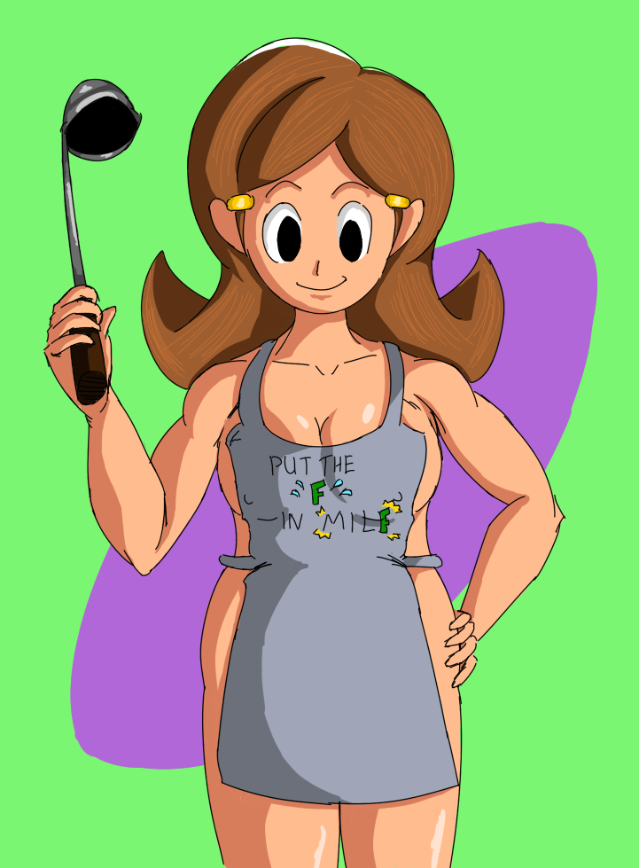 5-volt apron breasts brown_hair female hair_ornament hairclip long_hair mario_(series) milf nintendo solo_focus tagme wario_(series) warioware wildswingding