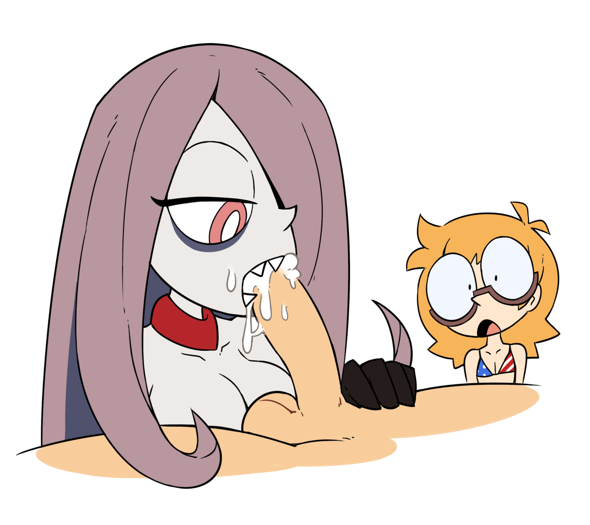 1boy, 2girls, ball (object), bikini, breasts, cum, cum in mouth, cum on face, fellatio, female, glass, gloves, little witch academia, lotte jansson, male, miscon, naked, oral, orange hair, penis, pink eyes, purple hair, sharp teeth, straight hair, studio trigger, sucy manbavaran