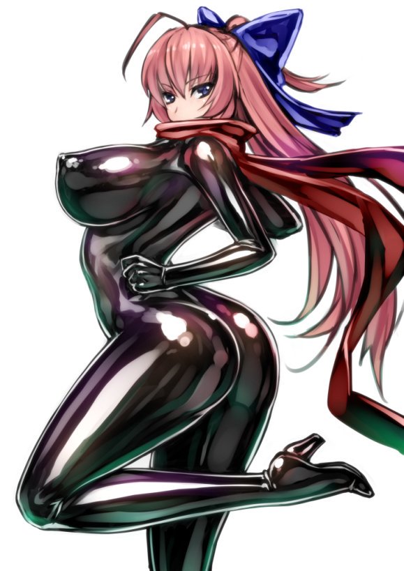 1girls, ass, big ass, big breasts, bodysuit, breasts, covered mouth, covered nipples, erect nipples, female, female human, female only, fit female, huge breasts, human, kunoichi, large breasts, light-skinned female, looking at viewer, looking back, mutsuki himemaru, nipples, original, original character, pink hair, rindou (radical dream), scarf, shiny, sideboob, skin tight, slim waist, solo, standing on one leg, thick thighs, thighs, very long hair, voluptuous
