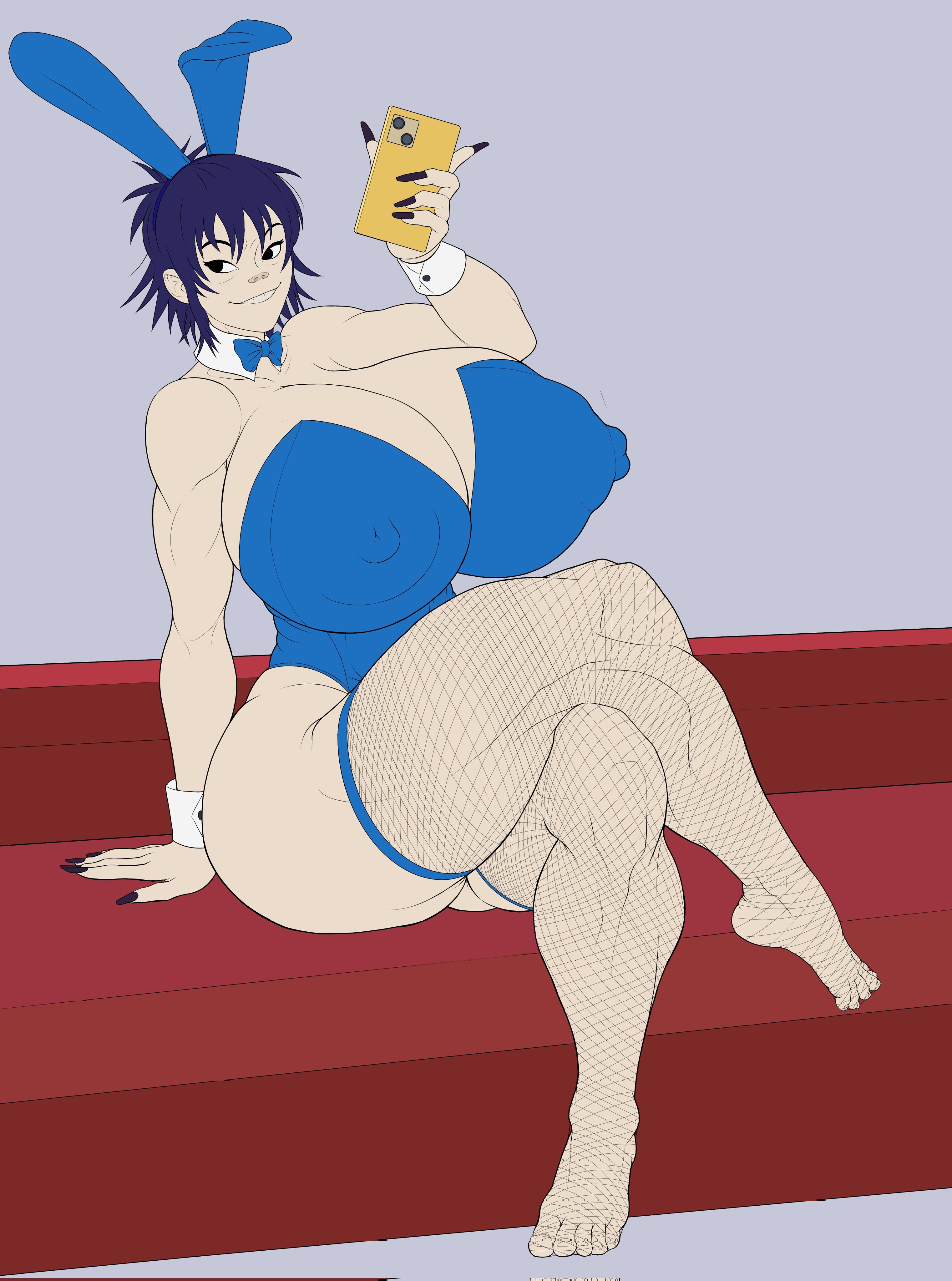 1girls, alternate version at source, asian, asian female, big breasts, blue hair, breasts, bunny ears, bunnysuit, cleavage, female, female only, fishnets, gorillaz, huge breasts, neoastaroth (artist), nipple bulge, nipple outline, noodle (gorillaz), short hair, smartphone, solo, thick thighs, toned, toned female