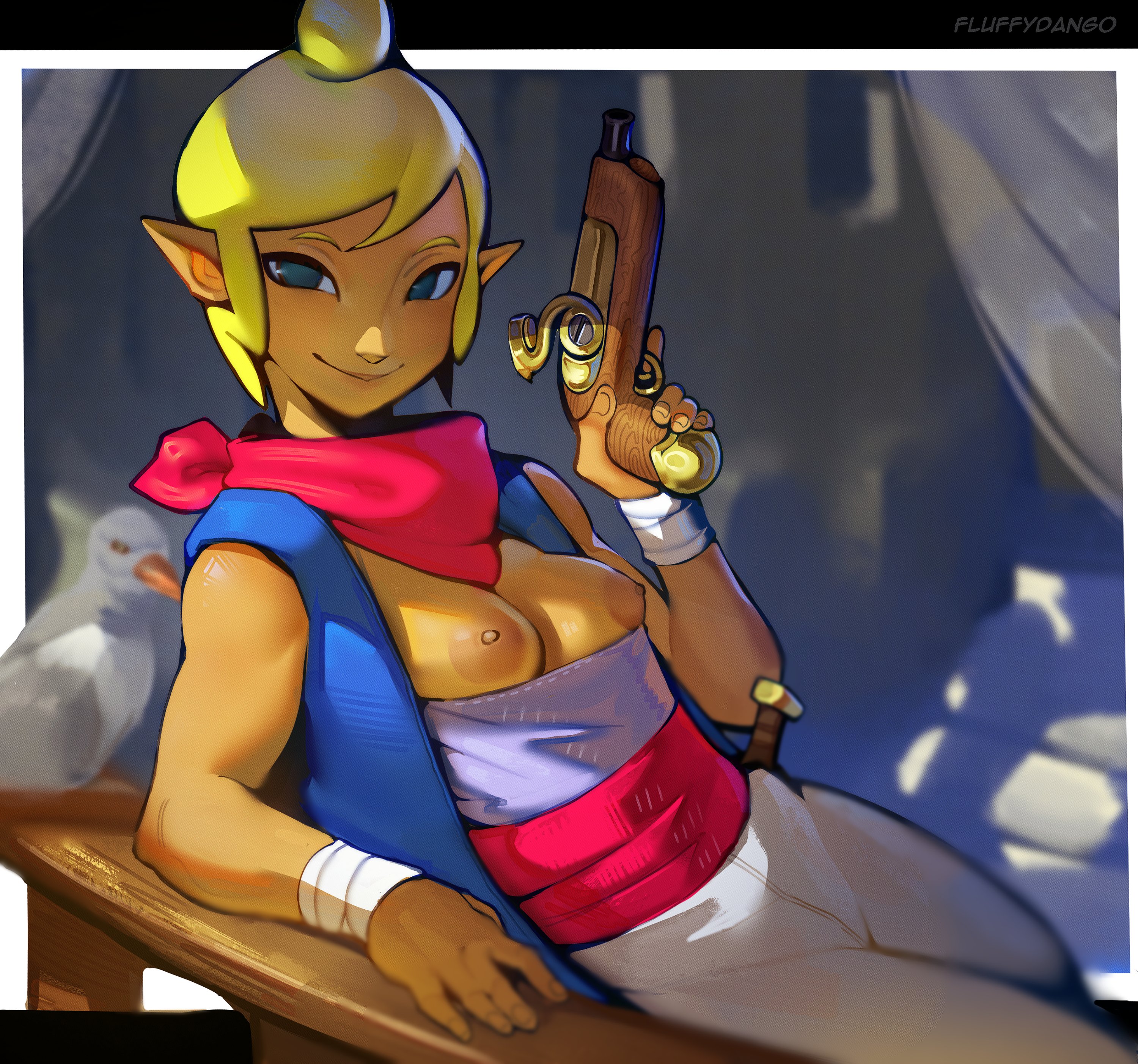 1girls, antique firearm, arm support, bandana, bird, blonde hair, blue eyes, blue vest, breasts, breasts out, casual exposure, closed mouth, clothing, dark nipples, dark skin, dark-skinned female, female, finger on trigger, firelock, fluffydango, gun, handgun, holding, holding gun, holding weapon, looking at viewer, medium breasts, neckerchief, nipples, no bra, open vest, pants, pointy ears, reclining, revolver, sash, seagull, shirt, short hair, small breasts, smile, solo, strapless, tetra, the legend of zelda, topknot, trigger discipline, vest, weapon, white pants, wind waker, wrist wrap