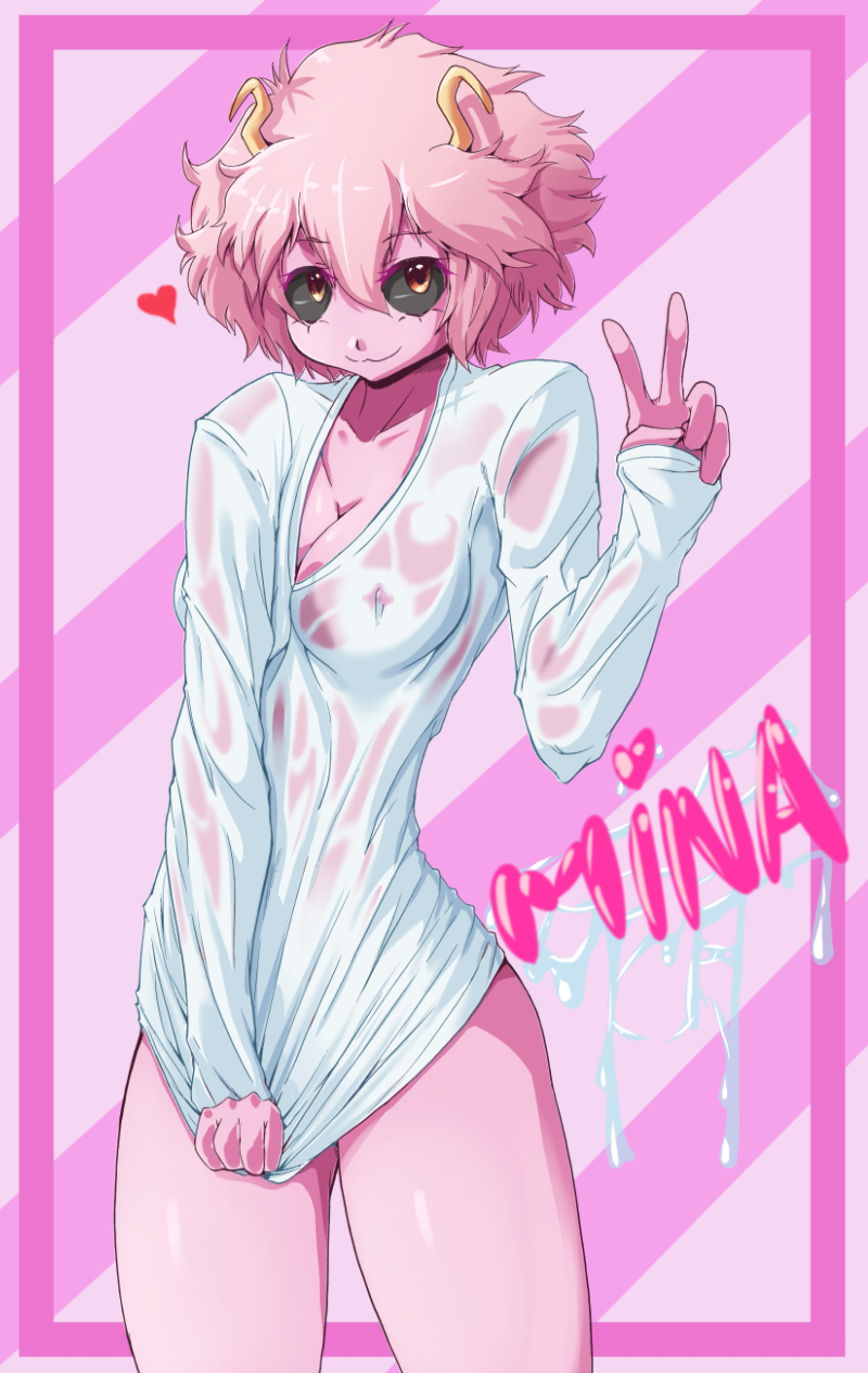 black_sclera heart horns mina_ashido my_hero_academia nipples_visible_through_clothes nmnumberzero no_bra pink_hair pink_skin short_hair smile striped_background transparent_clothing v wet wet_shirt yellow_eyes