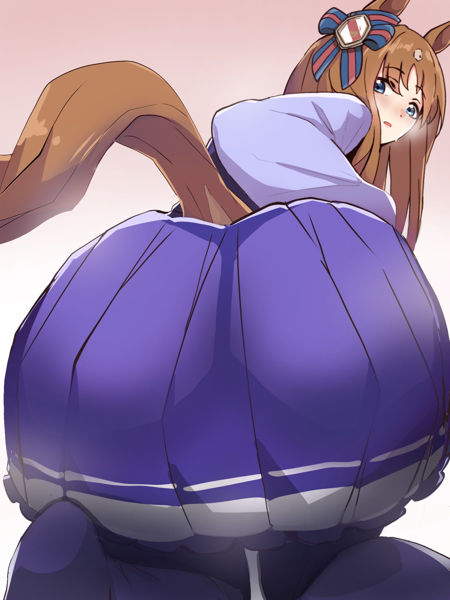 animal ears, ass, ass focus, bad id, bad twitter id, blue eyes, brown hair, female, grass wonder (umamusume), highres, horse ears, horse girl, horse tail, kawamochi (kawauti919), looking at viewer, looking back, school uniform, skirt, solo, tail, thighhighs, umamusume