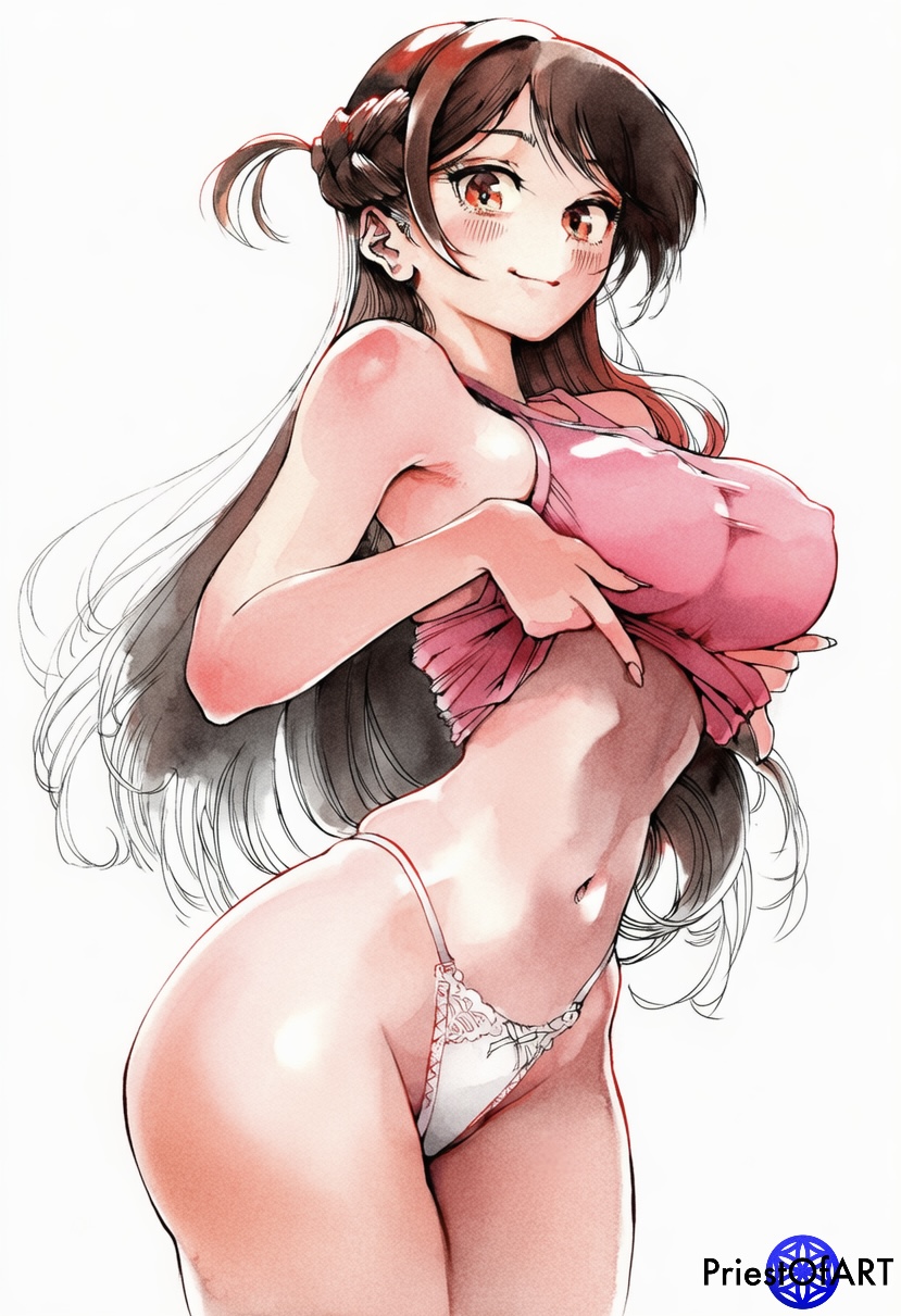 1girls, ai generated, big breasts, breasts, brown eyes, brown hair, crop top, crop top overhang, female, female only, kanojo okarishimasu, long hair, mizuhara chizuru, panties, priestofart, schoolgirl, shiny, simple background, smile, solo, solo female, teenage female, teenager, watercolor, watercolor (artwork), watermark, white background, white panties, wide hips