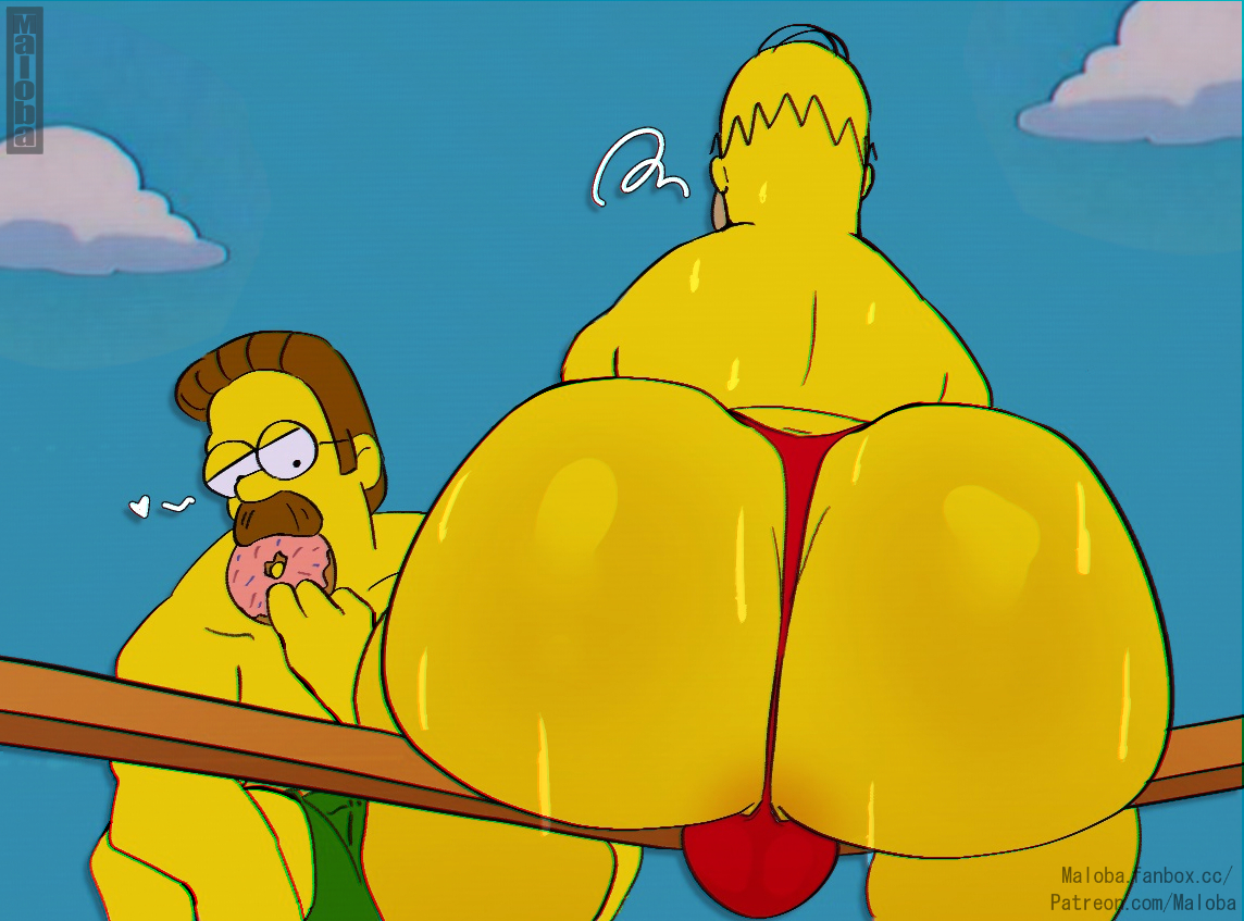 20th century fox, 20th century studios, 2boys, ass, ass focus, bara, big ass, big butt, bubble ass, bubble butt, daddy, dat ass, dat butt, dilf, donut, duo, eating donut, eating food, fat ass, fat butt, fox corporation, gay, heart, heart symbol, homer simpson, huge ass, huge butt, large ass, large butt, male, male only, maloba, matt groening, moustache, ned flanders, red thong, round ass, round butt, the simpsons, thick ass, thick butt, thong, yaoi, yellow body, yellow skin