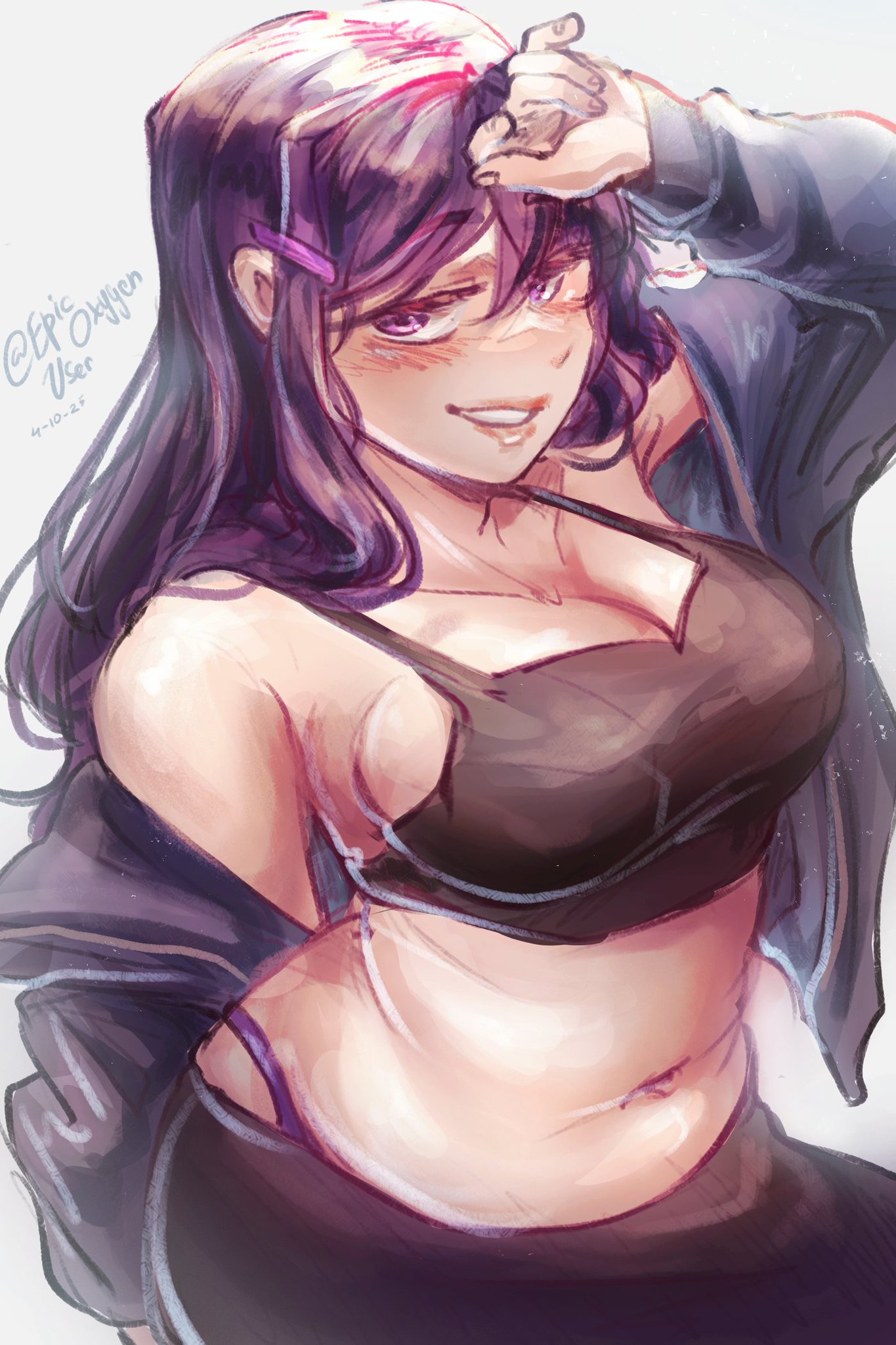 1female, 1girls, belly, blush, blushing female, bra, breast focus, breasts, clothed, doki doki literature club, epicoxygenuser, female, female focus, female only, hips, jacket, long hair, purple eyes, purple hair, simple background, slightly chubby, smile, smiling, solo, solo female, topwear, tummy, underwear, white background, yuri (doki doki literature club)