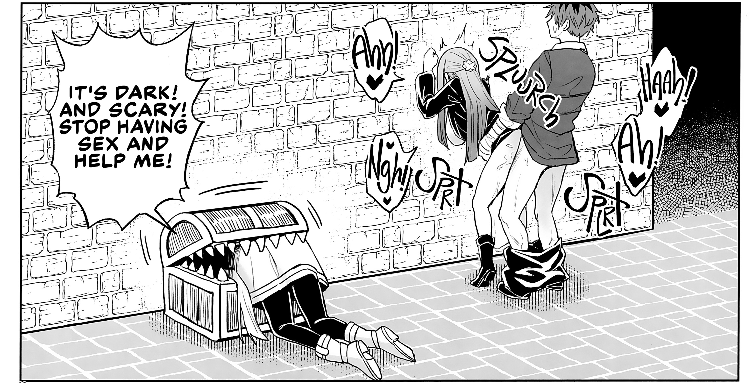1boy, 2girls, against wall, bottomless, clothed sex, doggy style, doujinshi page, dungeon, english text, fern (sousou no frieren), frieren, greyscale, hi res, indoors, mimic chest, monochrome, sex, sousou no frieren, speech bubble, stark (sousou no frieren), straight, stuck, stuck in object, zhen lu