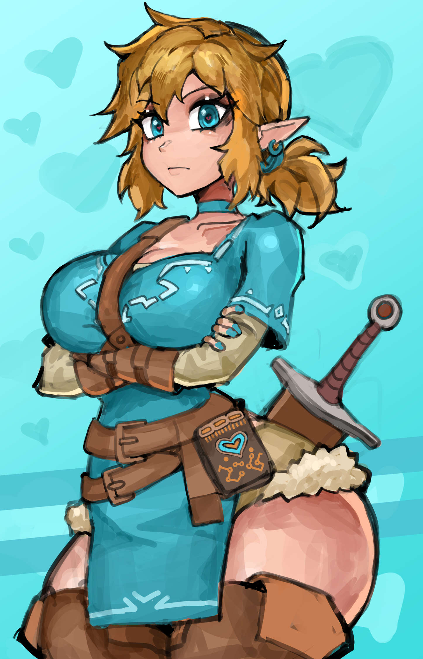 1girls, breasts, breath of the wild, female, female focus, female only, genderswap (mtf), large breasts, light skin, light-skinned female, link, looking at viewer, nintendo, rule 63, saiykik, solo, the legend of zelda, thick thighs, thighhighs, thighs, wide hips