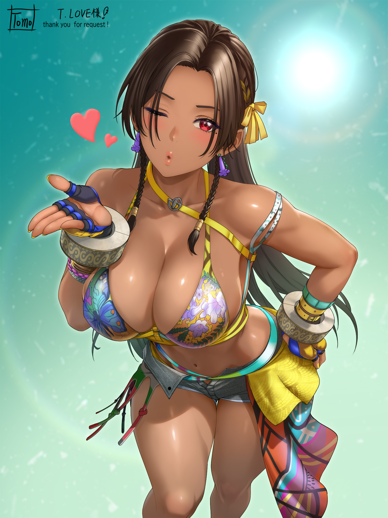1girls, alluring, armband, artist name, barefoot, big breasts, bikini, black hair, black shorts, blowing kiss, blush, bra, breasts, cleavage, clothes around waist, commentary, cowboy shot, dark skin, dark-skinned female, earrings, english commentary, female, female only, fingerless gloves, floral print, floral print bikini, gloves, green armband, heart, hi res, jewelry, large breasts, long hair, looking at viewer, miary zo, multicolored bra, nail polish, namco, one eye closed, padded gloves, print bikini, red eyes, short shorts, shorts, signature, solo, swimsuit, tekken, tekken 8, tomo eokaiteru, underwear, yellow nails