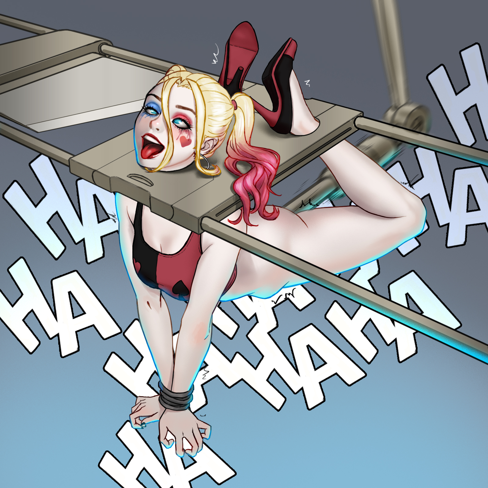 1girls, ahe gao, ambiguous penetration, arms bound in front, arms in front, arms tied in front, ass, batman (series), blonde hair, blue eyes, bondage, bottomless, crazy female, dc, dc comics, erotic, female, female only, femsub, fetish, fucking machine, guillotine, harleen quinzel, harley quinn, high heels, imminent death, kinky, light skin, light-skinned female, multicolored hair, predicament bondage, rellik, running mascara, runny makeup, sex machine, snuff, solo, solo female, stomach bulge, supervillainess, tagme, tied up, twintails