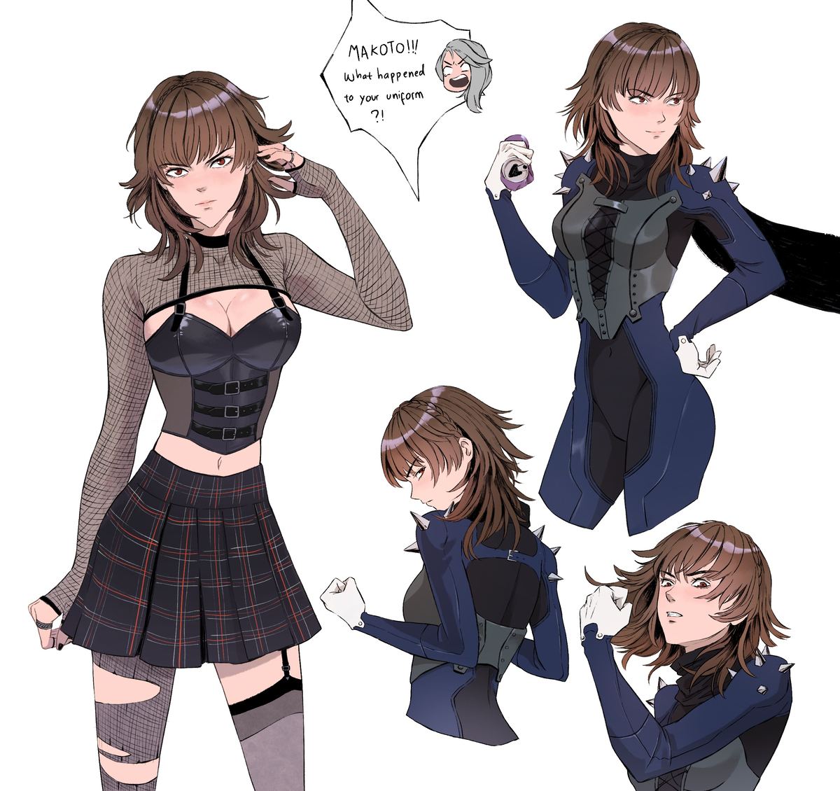 1girls, black dress, breasts, brown hair, dress, female, fishnet armwear, fishnet clothing, fishnets, inner sideboob, makoto niijima, makoto niijima (queen), medium breasts, multiple views, persona, persona 5, phantom thief suit, red eyes, ripped pantyhose, sarcii, skirt, wolfcut