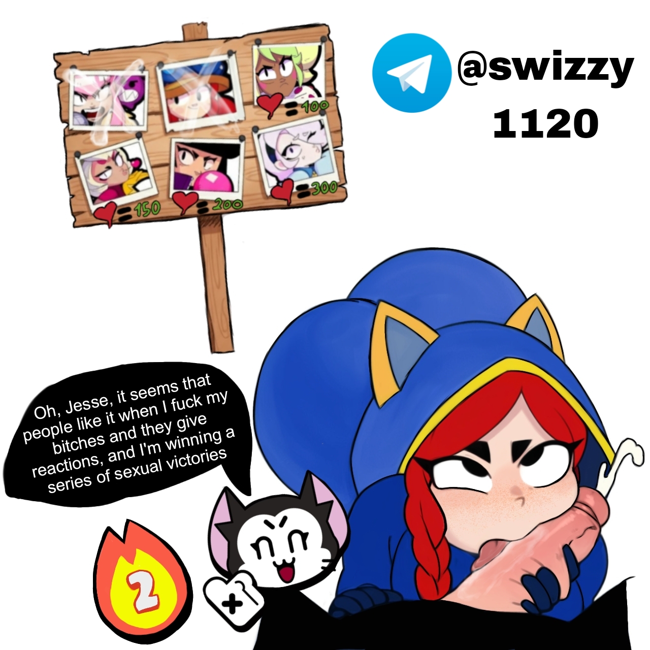 1boy, 1girls, animal genitalia, animal penis, blowjob, brawl stars, cat burglar jessie, cum, female, hands-free, hood, jessie (brawl stars), kit (brawl stars), male, oral, penis, pov, straight