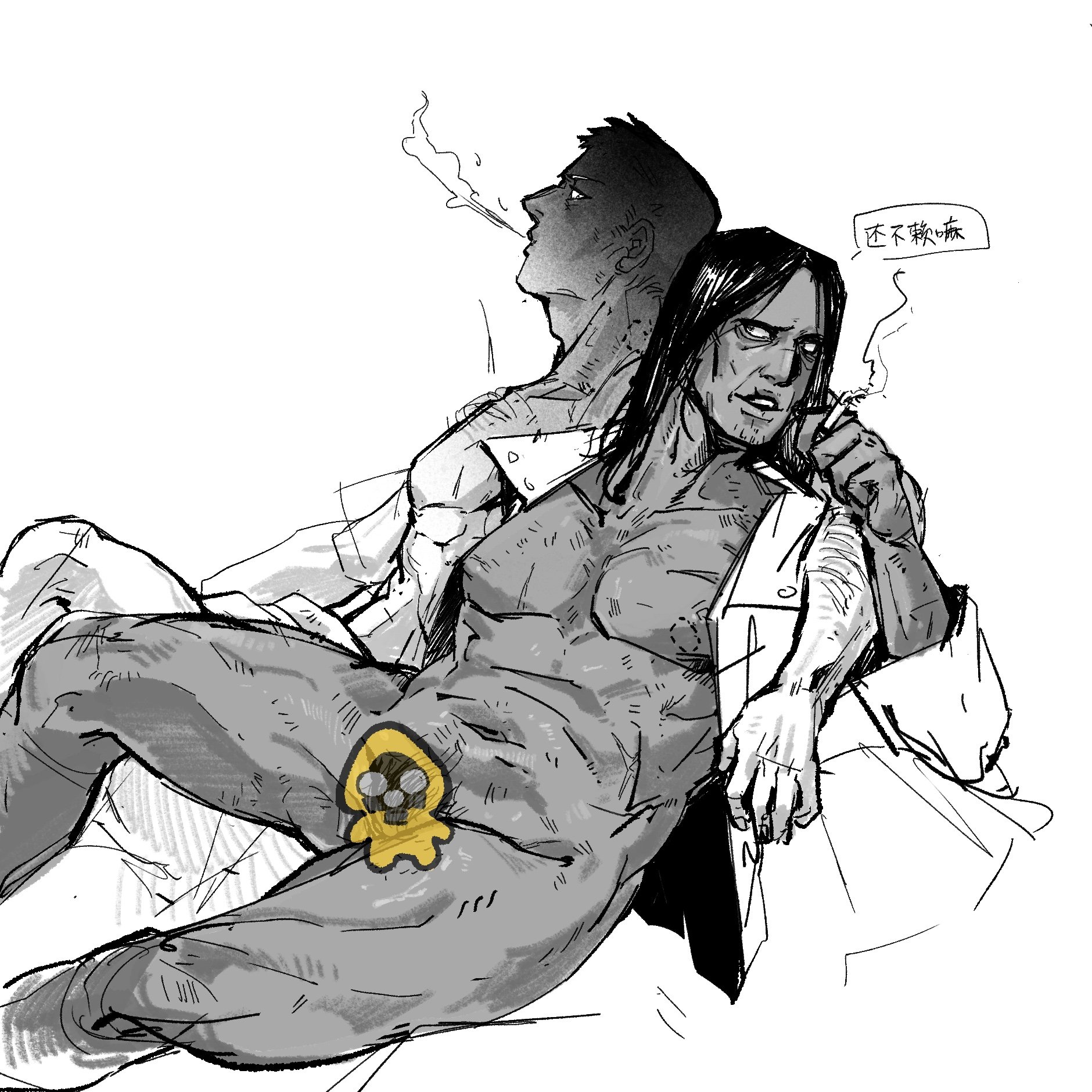 1boy, 1cuntboy, after sex, badzhengl4n, bite mark, censored, cigarette, cuntboy, cuntboy/male, intersex, long-haired cuntboy, male, mature, mature cuntboy, monochrome, mti crossgender, muscular, muscular cuntboy, muscular thighs, no, i'm not a human, open shirt, protagonist (no, i'm not a human), pubic hair, smoking, vigilante (no, i'm not a human)