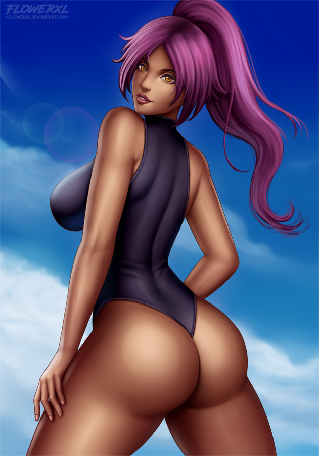 1girls, anime, artist name, ass, bleach, bodysuit, breasts, brown skin, cleavage, dark skin, dark-skinned female, daytime, female, female only, flowerxl, huge breasts, leotard, light brown eyes, long hair, looking at viewer, looking back, one-piece swimsuit, pink nails, ponytail, purple hair, purple leotard, shihouin yoruichi, sky, sky background, smile, solo, standing, sunlight, swimsuit, thick thighs, upper body